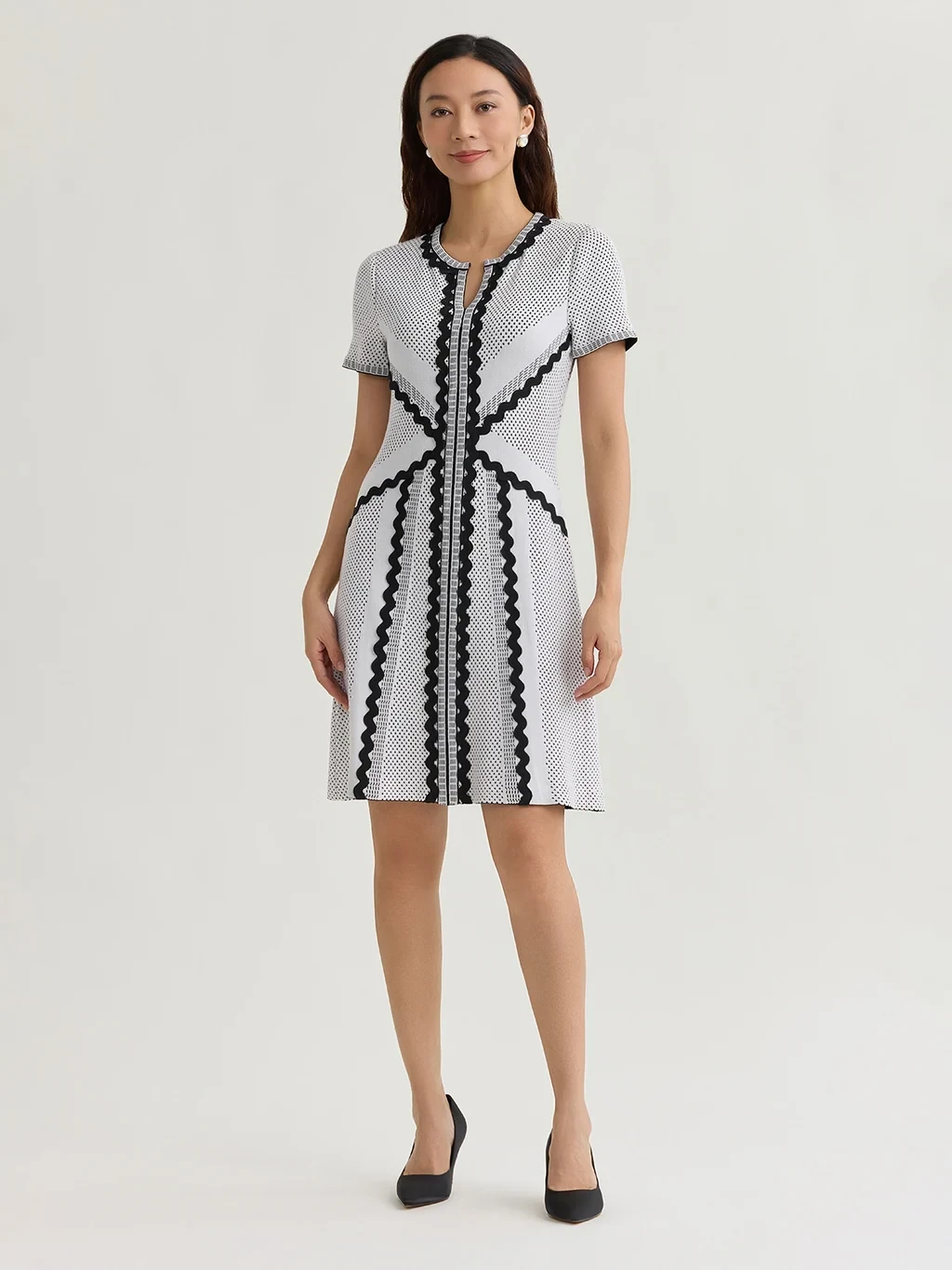 A-Line Monochrome Dotted Stitch Soft Knit Dress