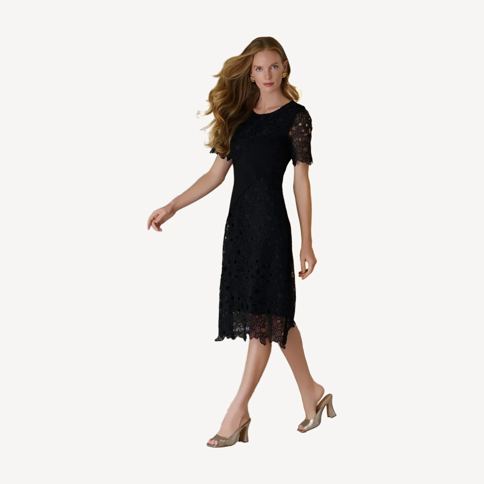 Fit & Flare Lined Laced Mixed Media Midi Dress