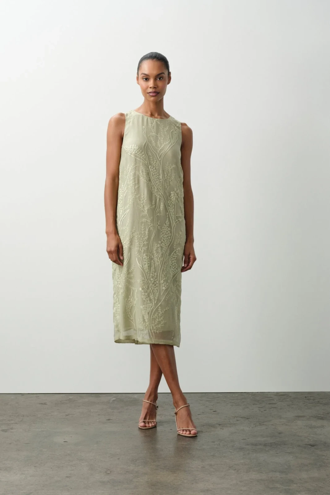GILLIAN FLORAL SILK CHIFFON MIDI DRESS - MATCHA