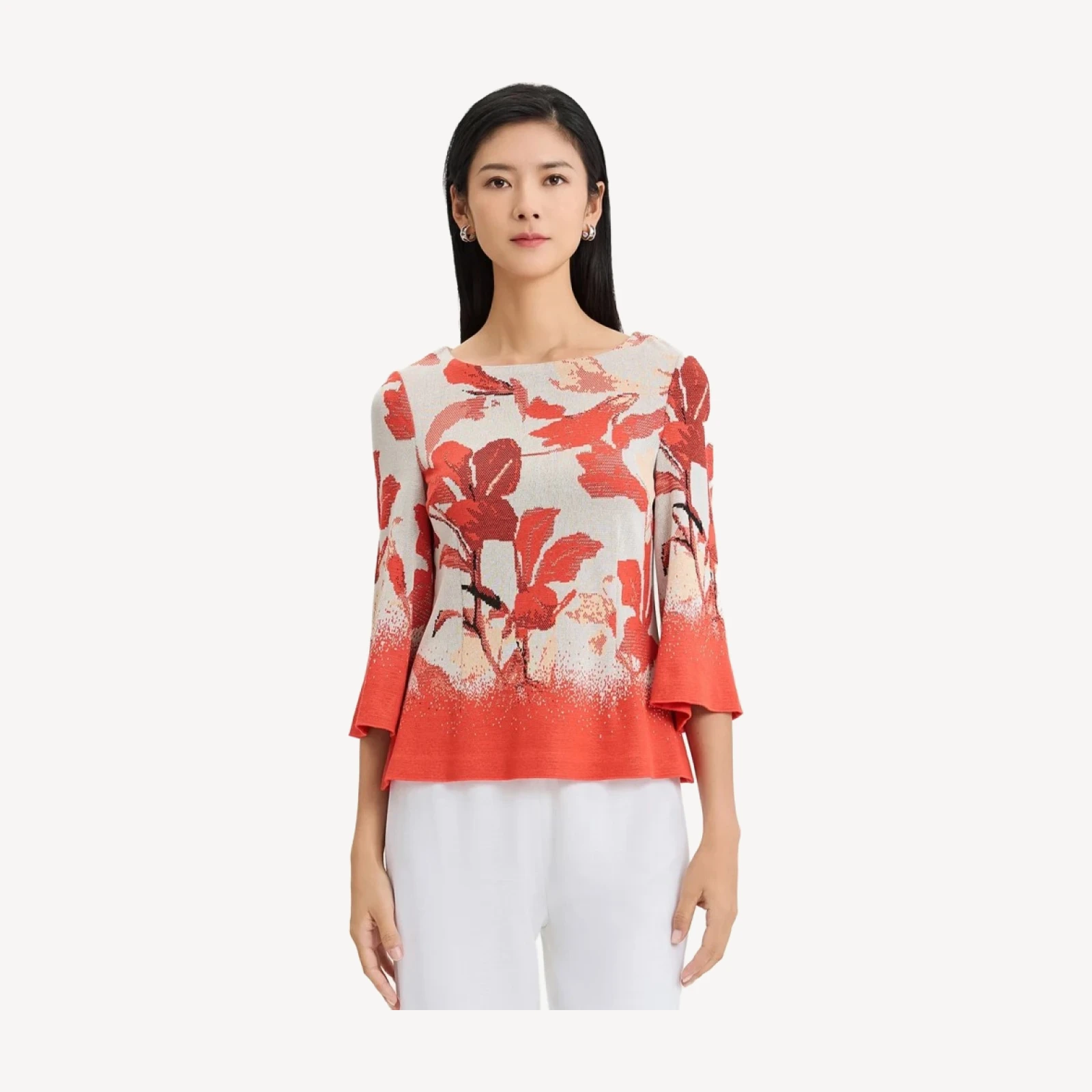 Floral Jacquard Bell Sleeve Soft Knit Top