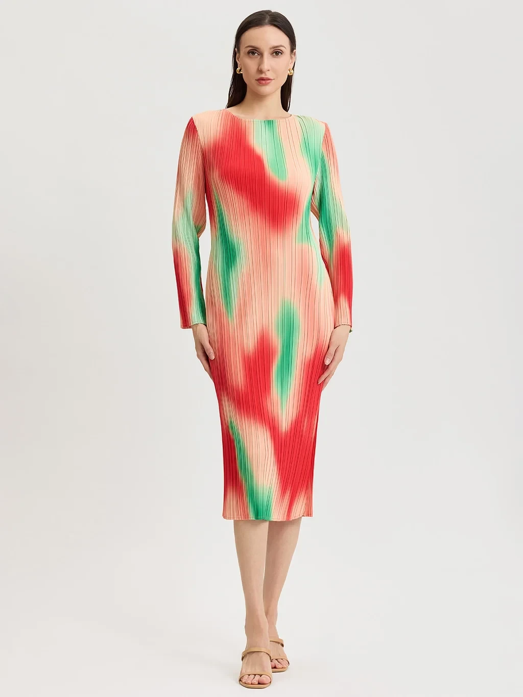 Micro Pleated Print Crepe Midi Dress