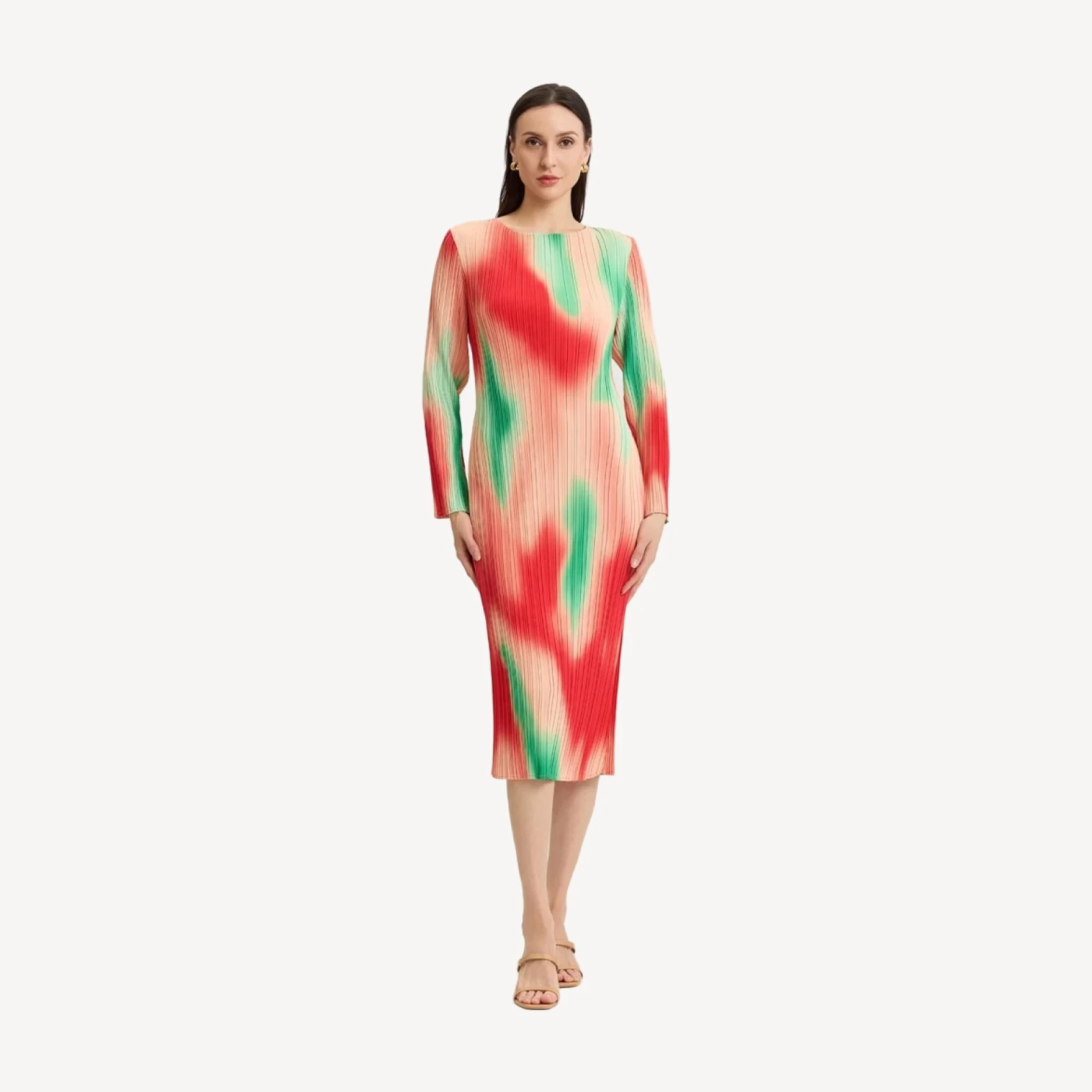 Micro Pleated Print Crepe Midi Dress