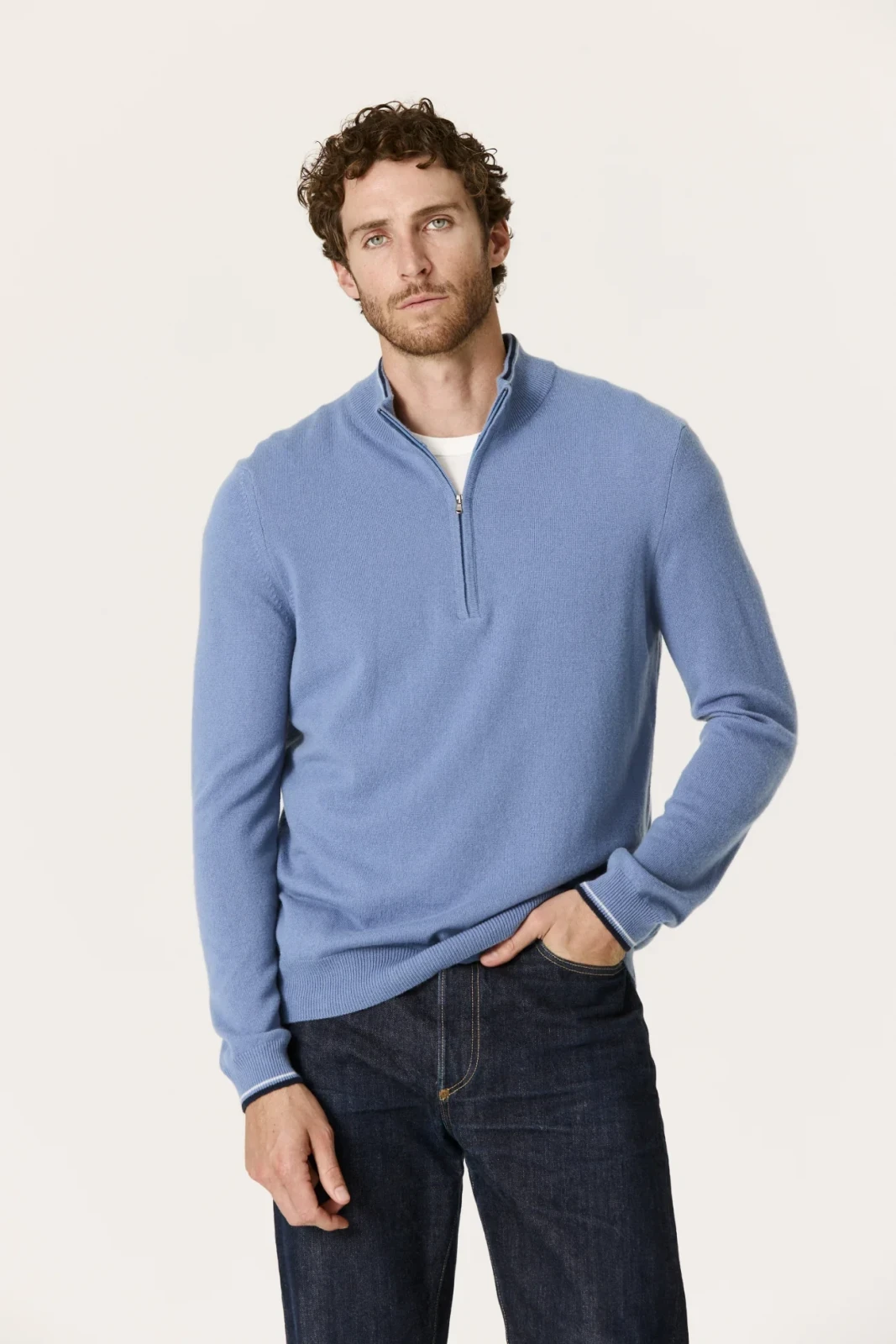 PHILLIP QUARTER-ZIP CASHMERE SWEATER - RETRO BLUE/MULTI