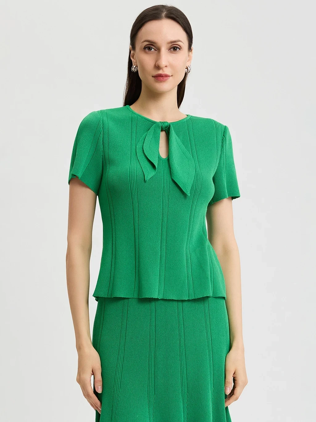 Tonal Faux Tie Neck Soft Ribbed Knit Top
