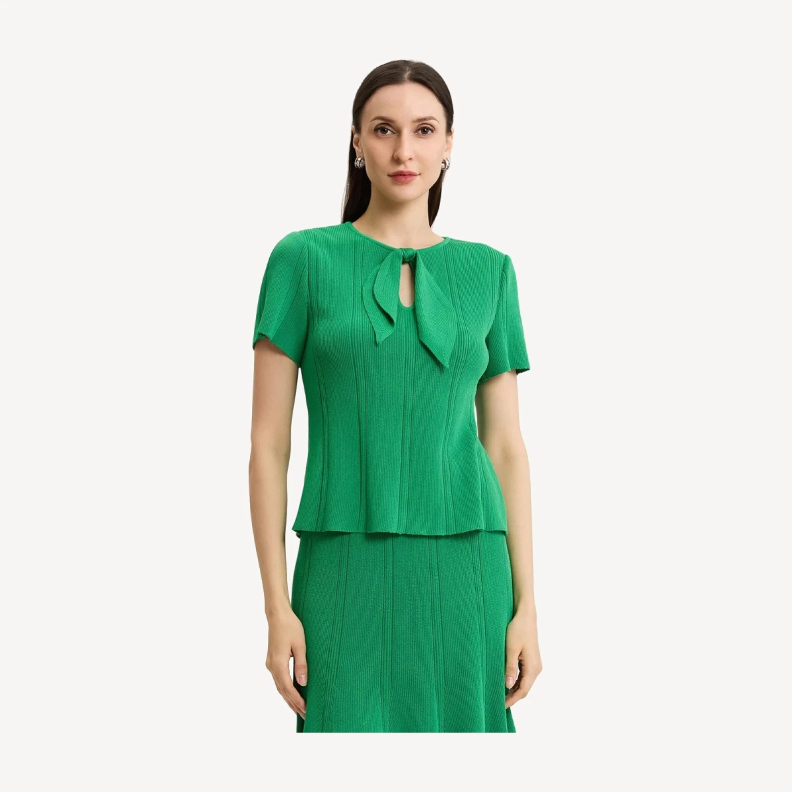 Tonal Faux Tie Neck Soft Ribbed Knit Top