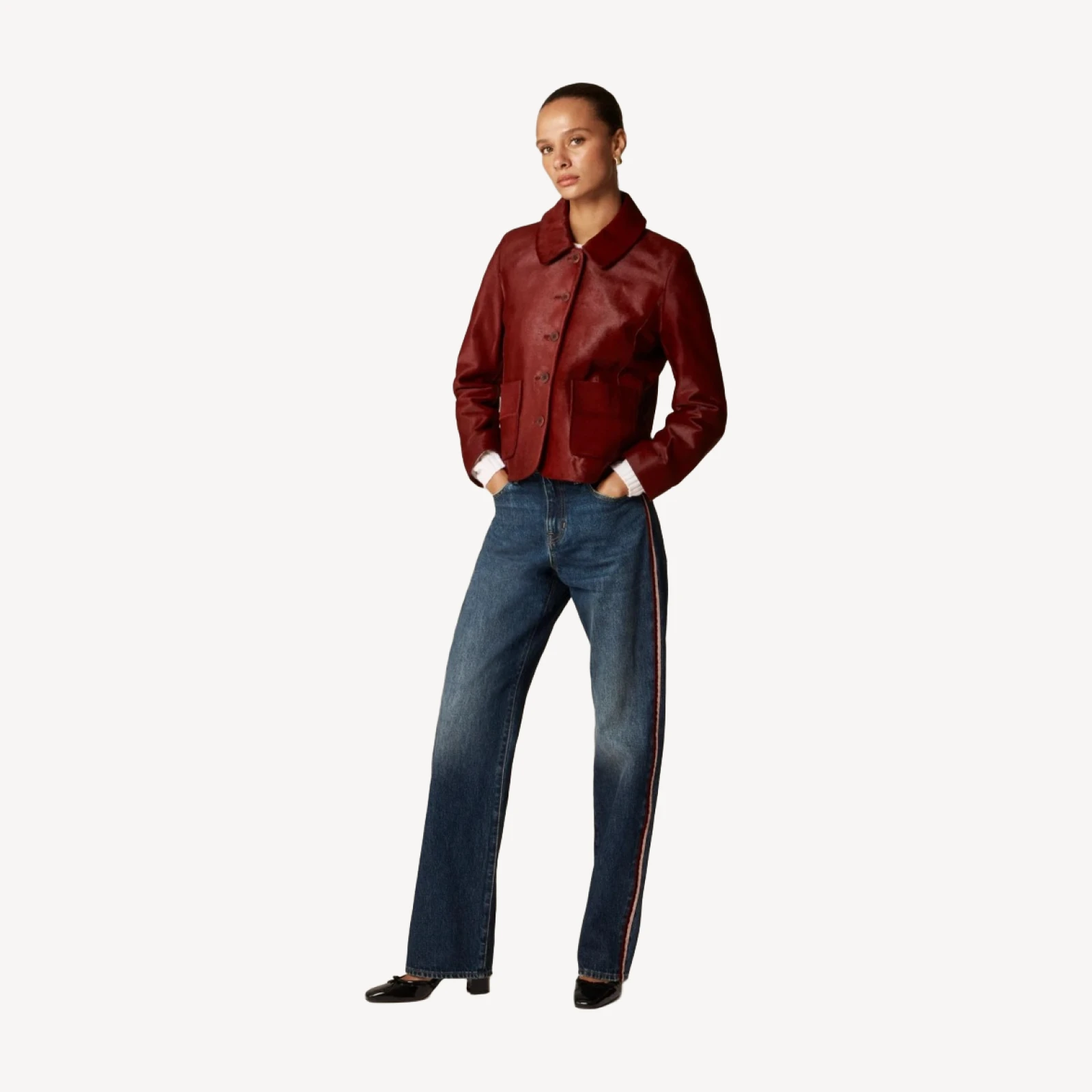 Mid-rise relaxed straight jean with velvet stripe