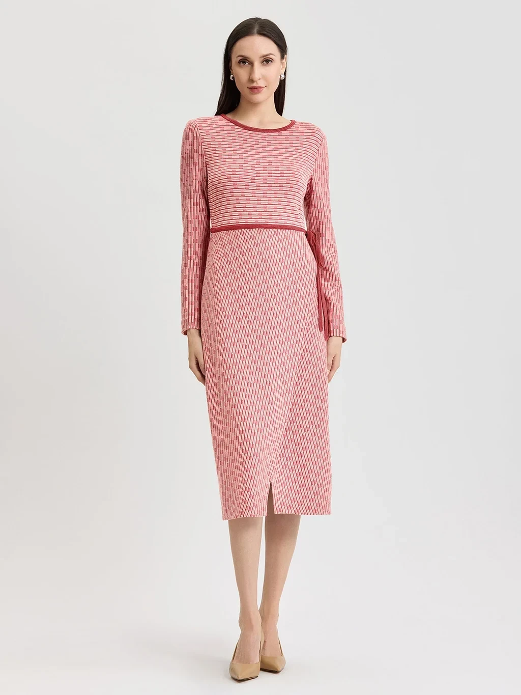 Faux Wrap Contrast Trim Soft Knit Straight Dress