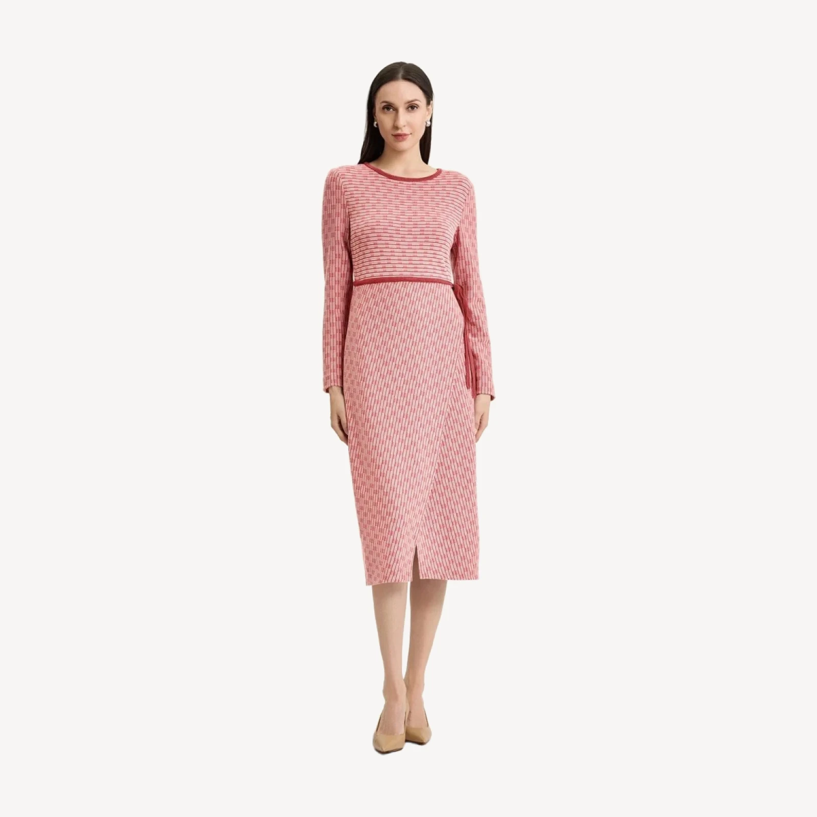 Faux Wrap Contrast Trim Soft Knit Straight Dress