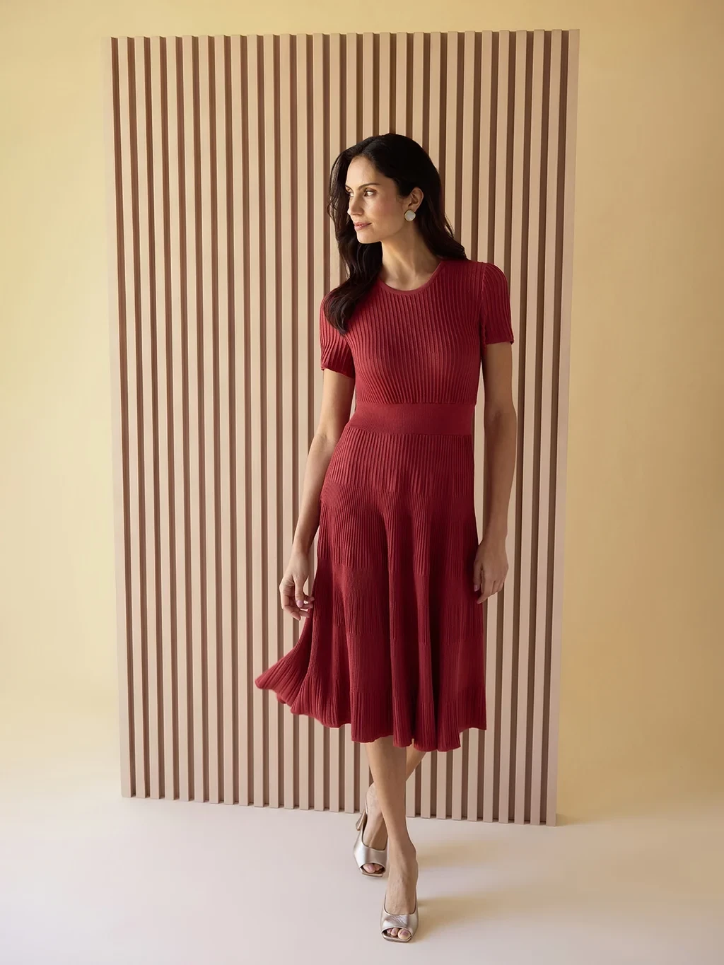 Fit & Flare Tonal Ribbed Soft Knit Midi Dress
