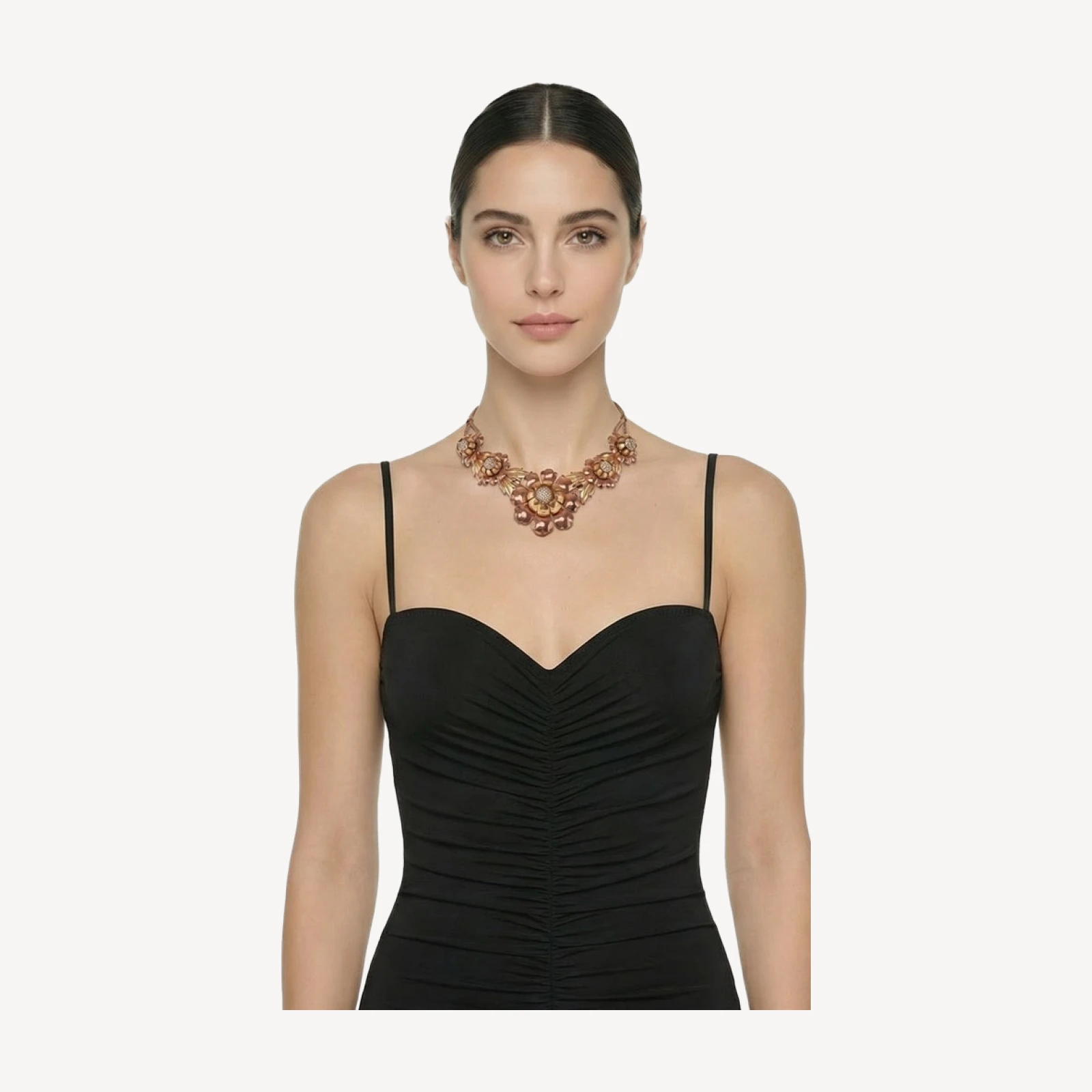 THREE TONED BRASS FLORAL NECKLACE WITH CRYSTAL CENTER