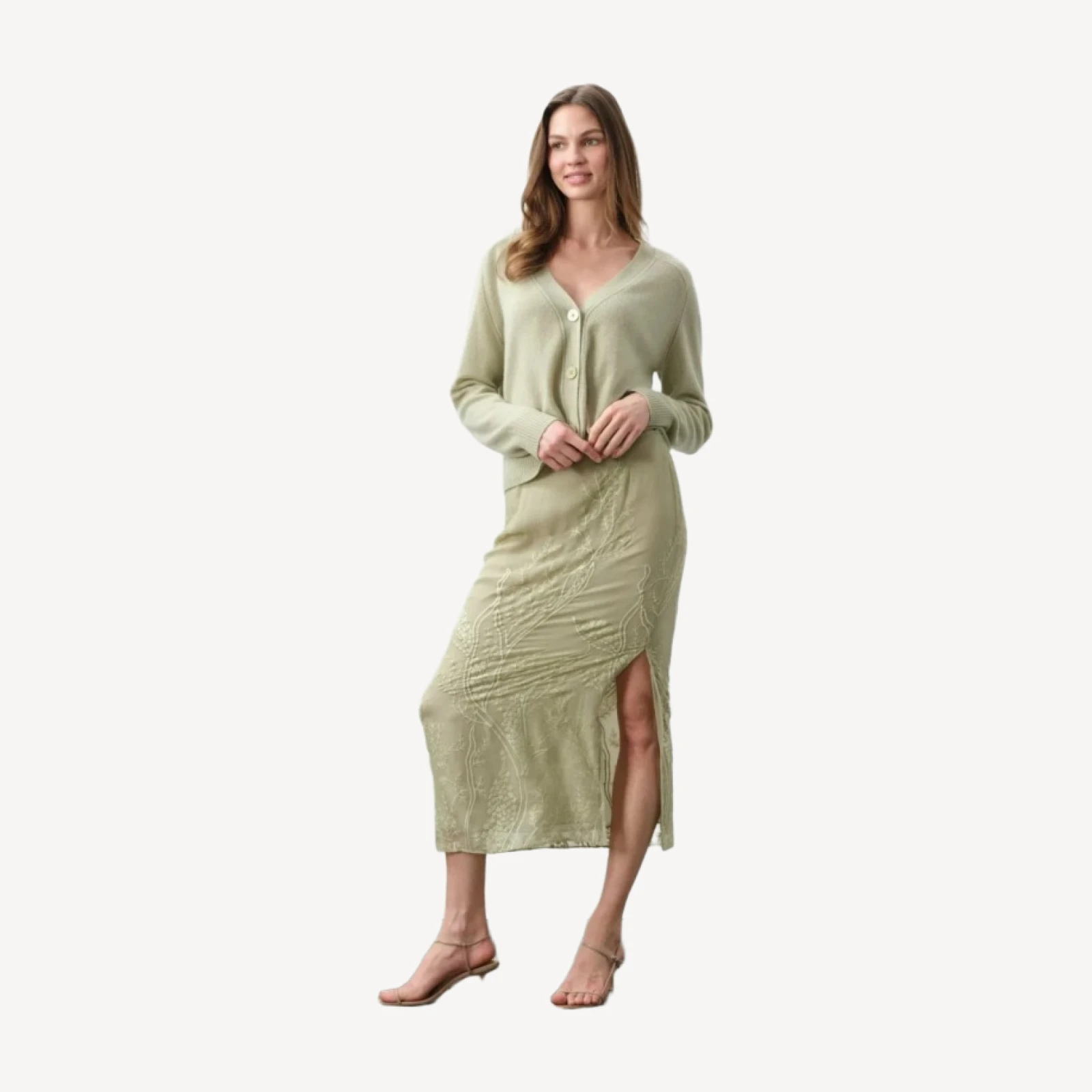 SALLY FLORAL SILK CHIFFON MIDI SKIRT - MATCHA