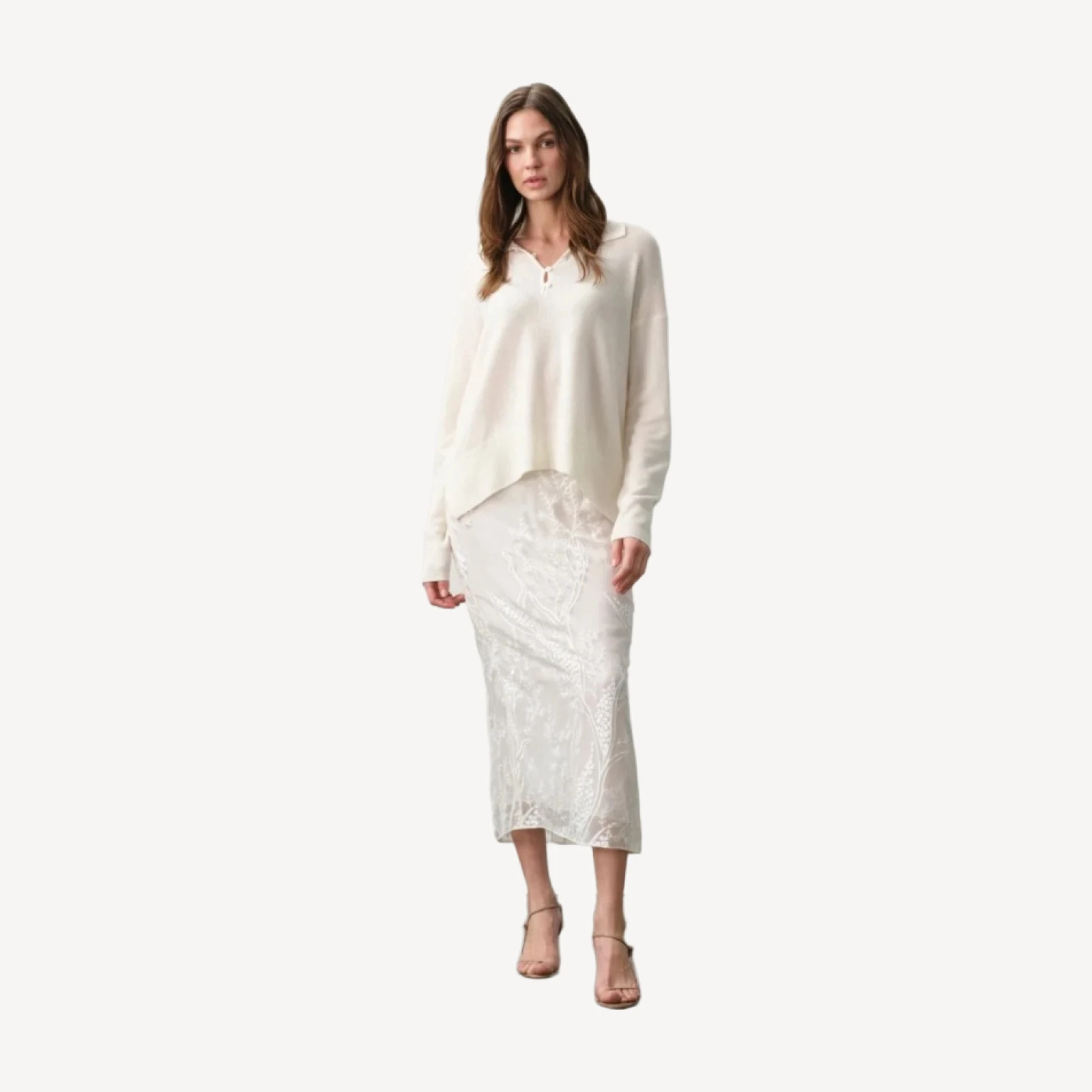 SALLY FLORAL SILK CHIFFON MIDI SKIRT - ECRU