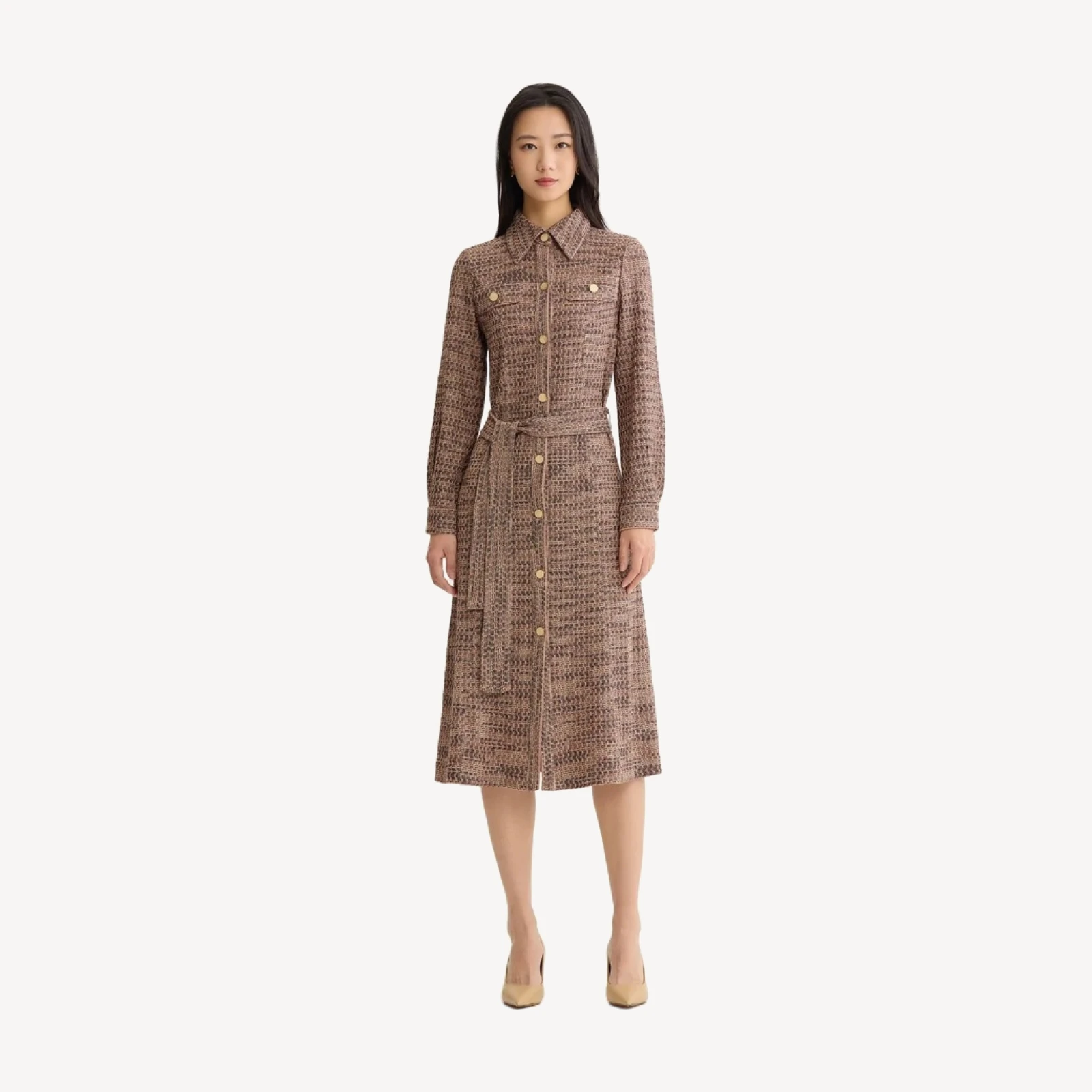 Belted Button Front Tweed Knit Midi Dress