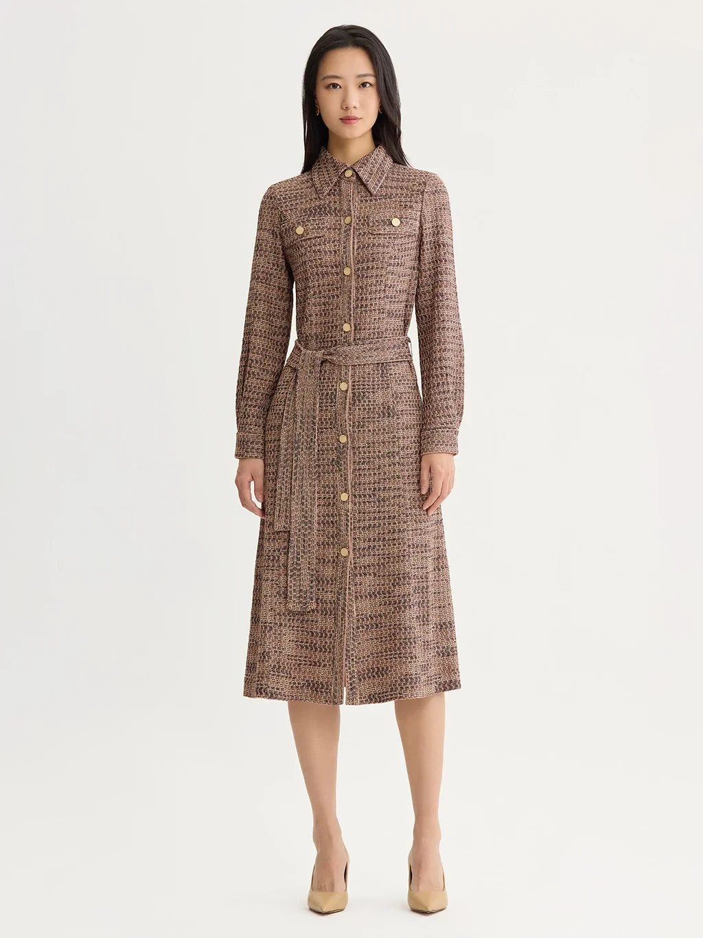 Belted Button Front Tweed Knit Midi Dress