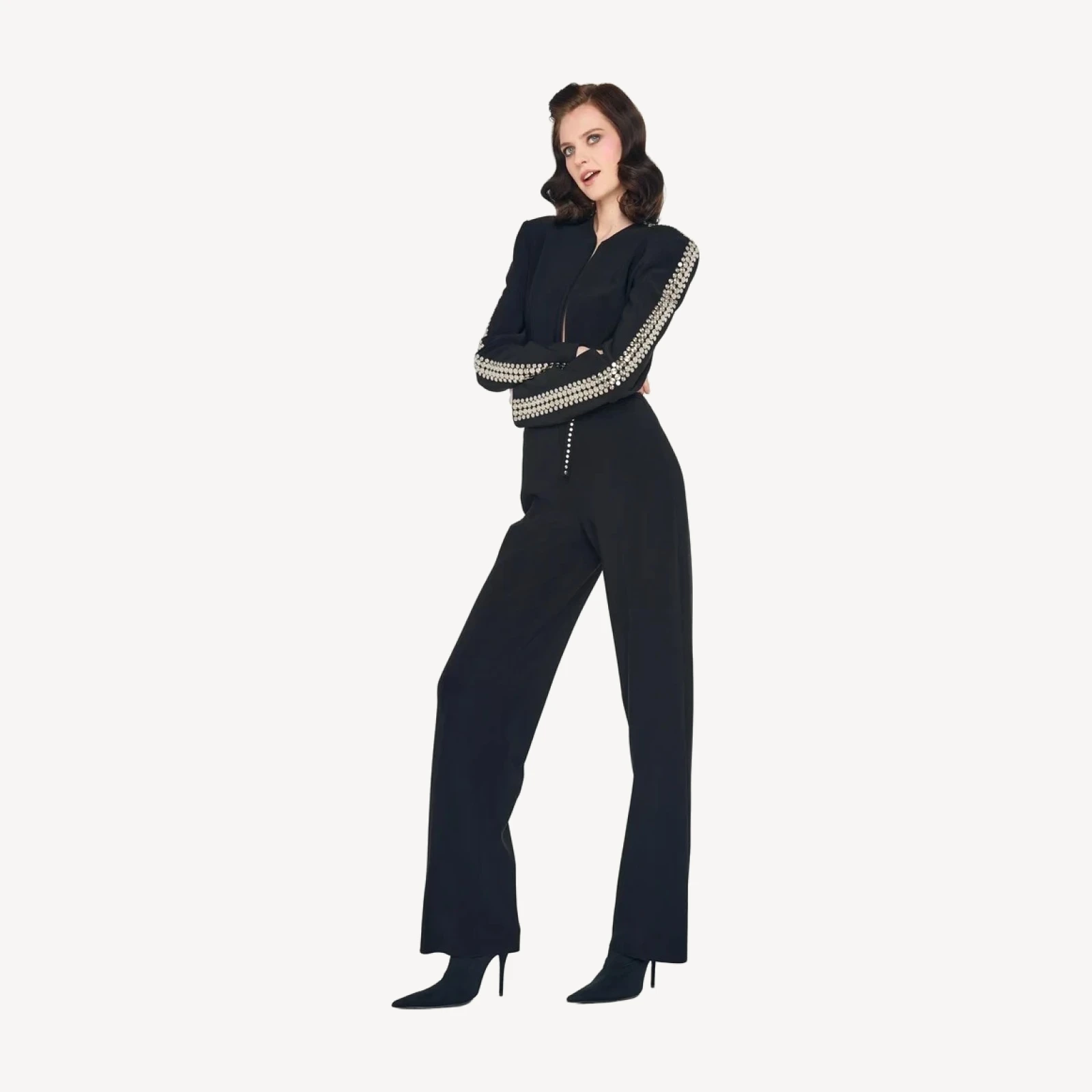 STUD ZIP FRONT STRAIGHT LEG JUMPSUIT