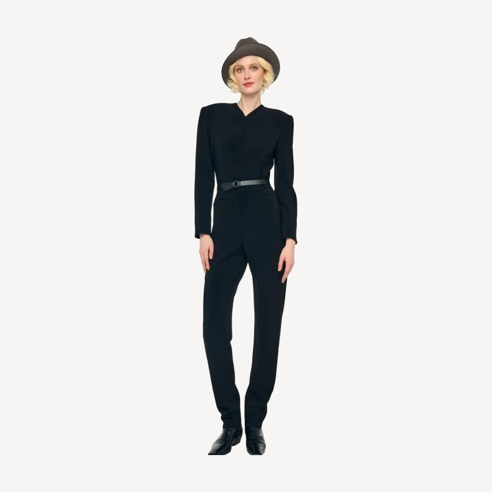 LS V NECK ZIP FRONT TAPERED JUMPSUIT