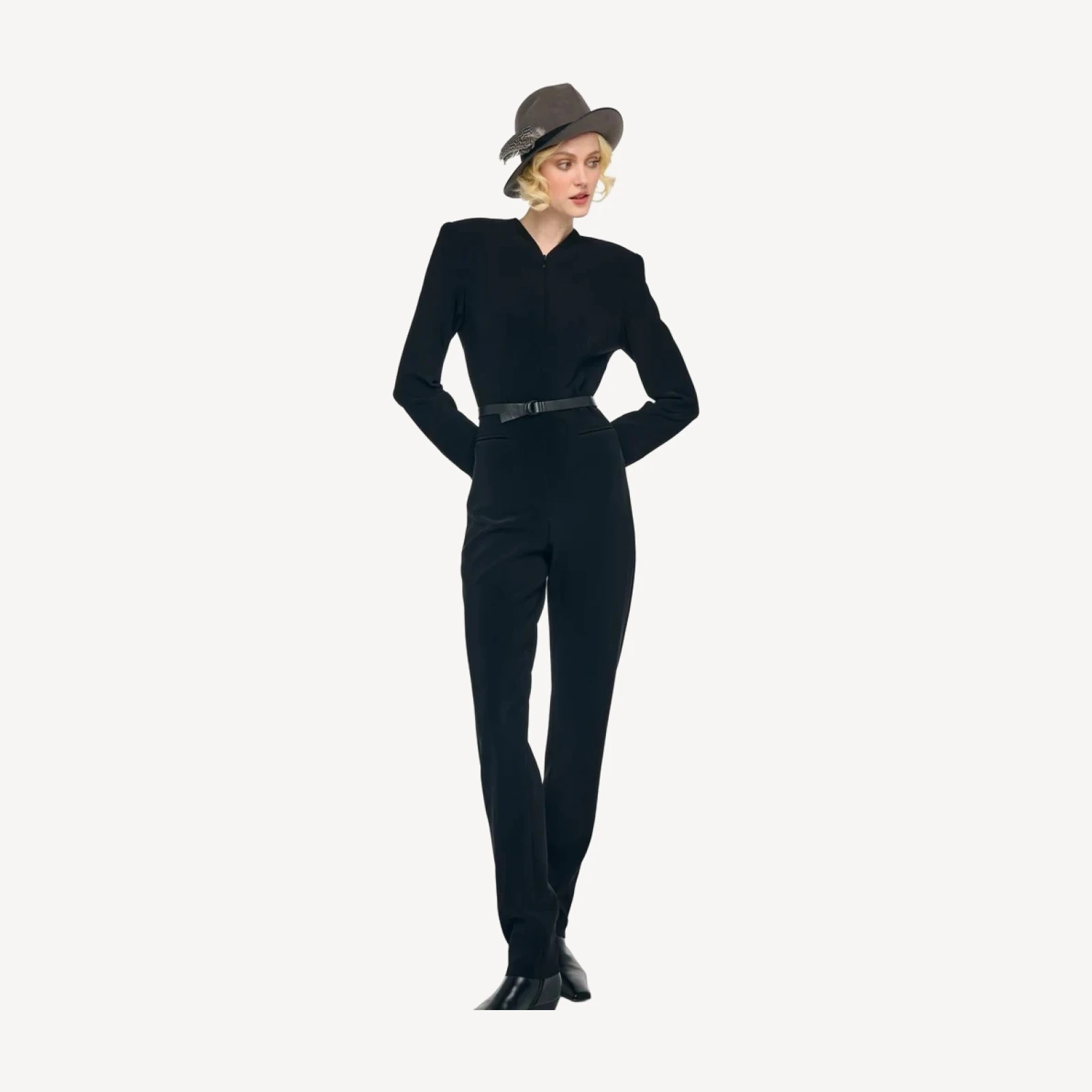 LS V NECK ZIP FRONT TAPERED JUMPSUIT