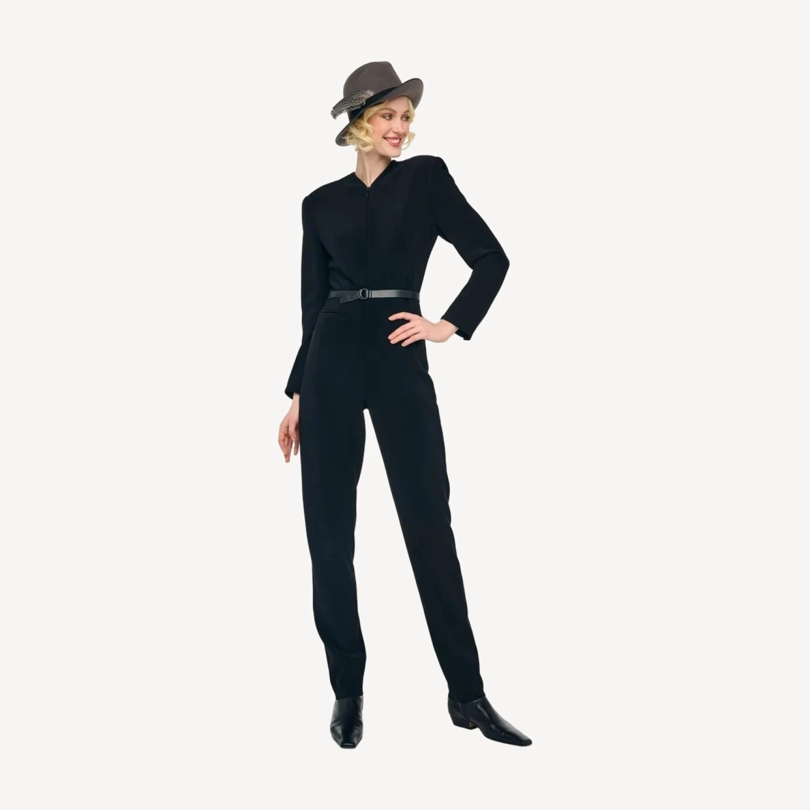 LS V NECK ZIP FRONT TAPERED JUMPSUIT