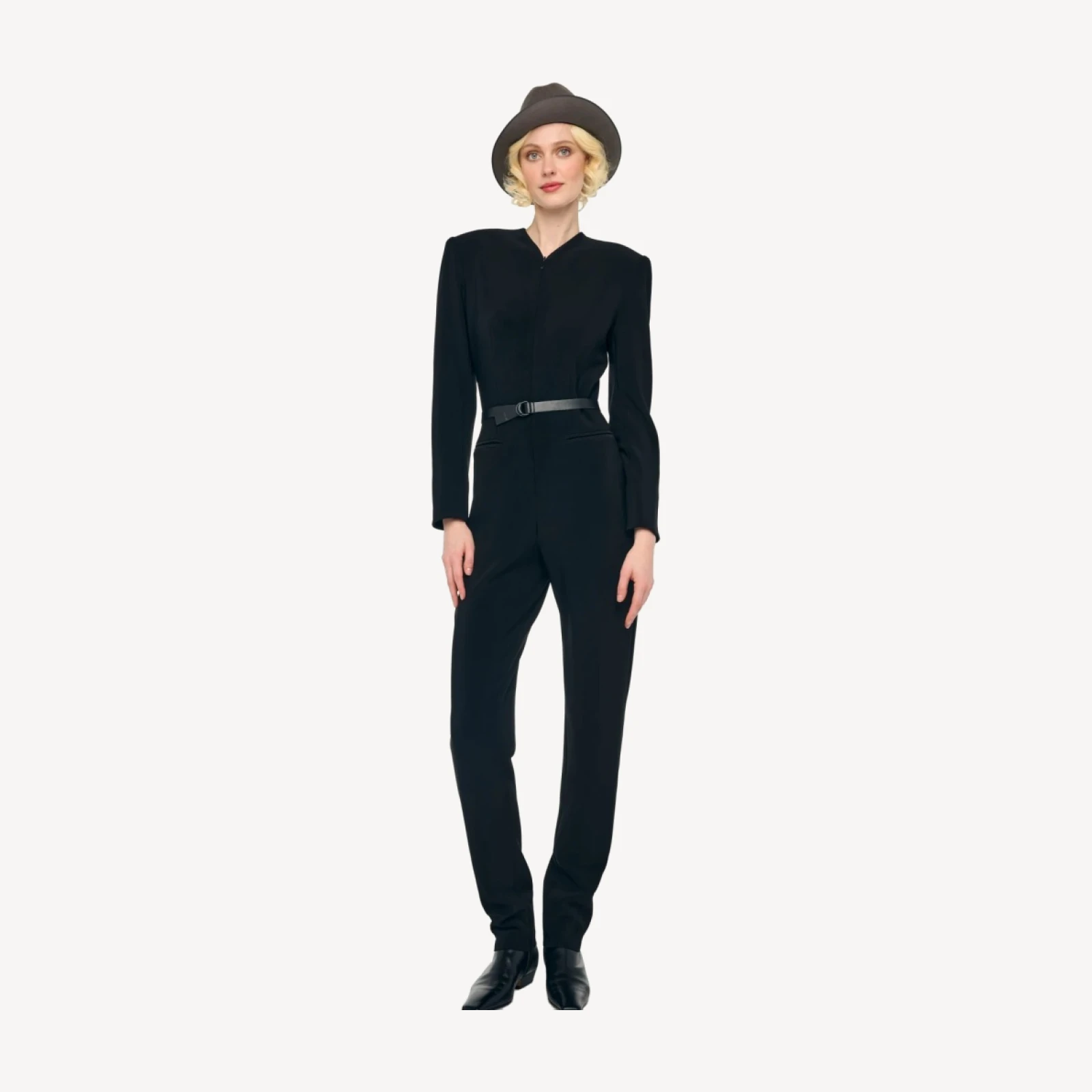 LS V NECK ZIP FRONT TAPERED JUMPSUIT