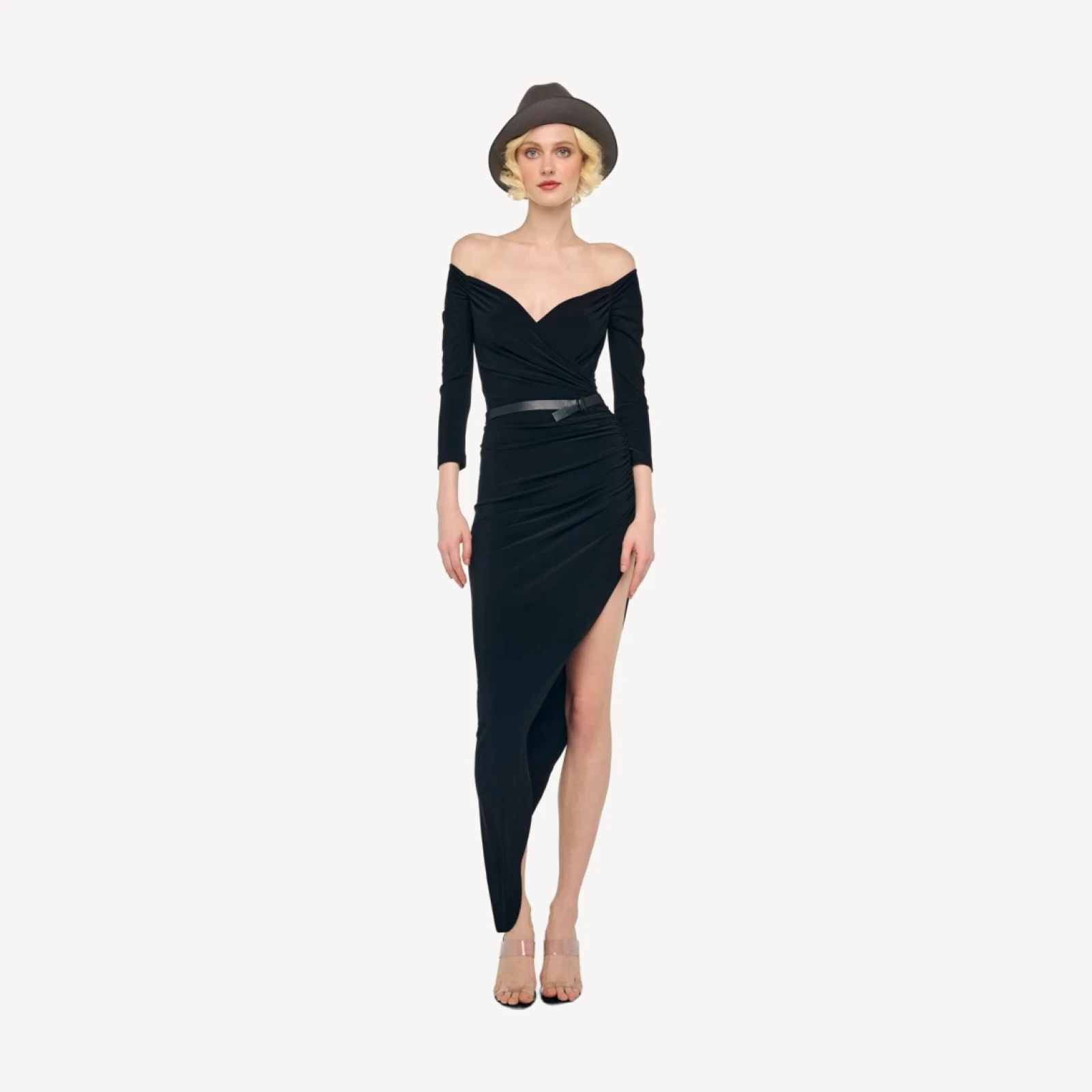 OFF SHOULDER SIDE DRAPE GOWN