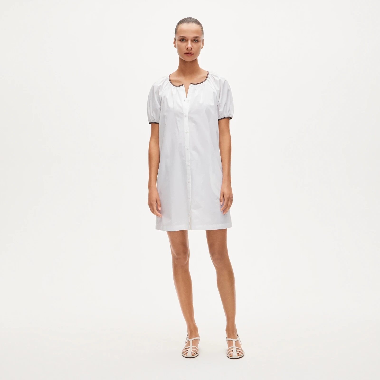Puff-sleeve popover dress with contrast trim