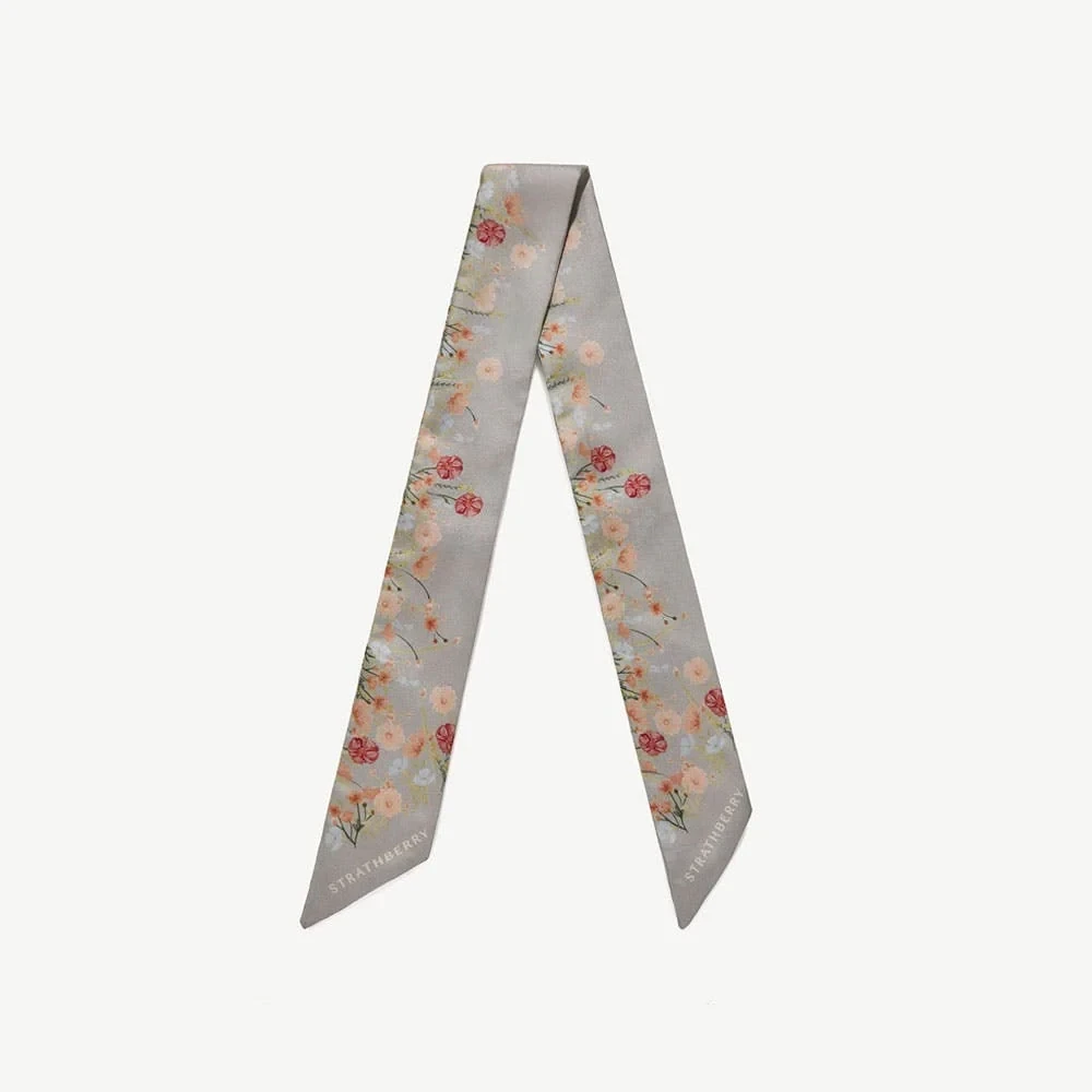 Silk Skinny Scarf - Marble Grey Frame Flower Print