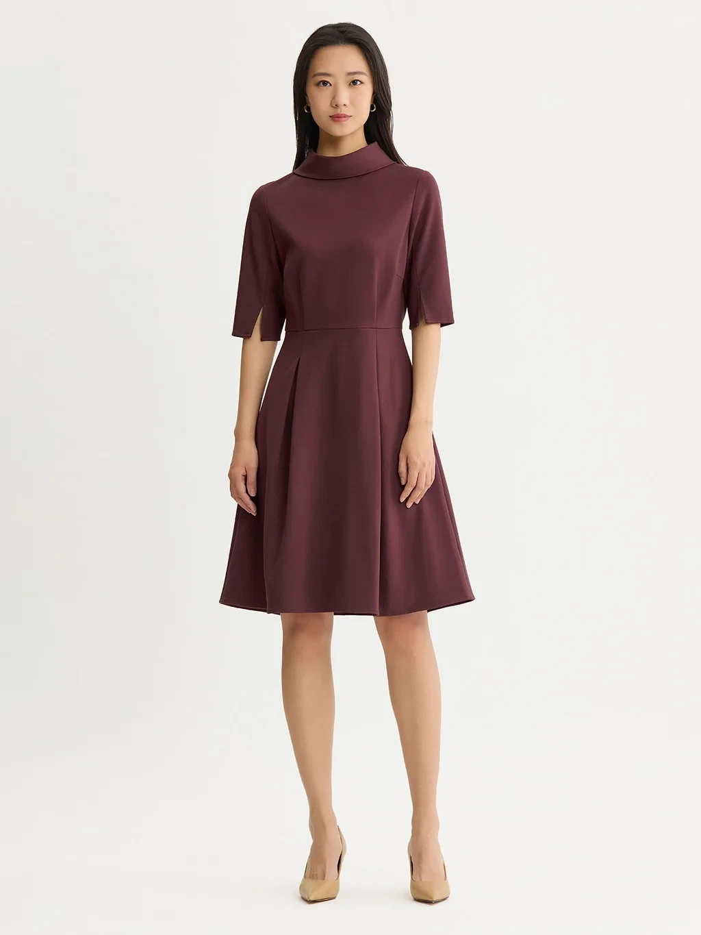 A-Line Pleated LuxeStretch Ponte Dress, Mahogany