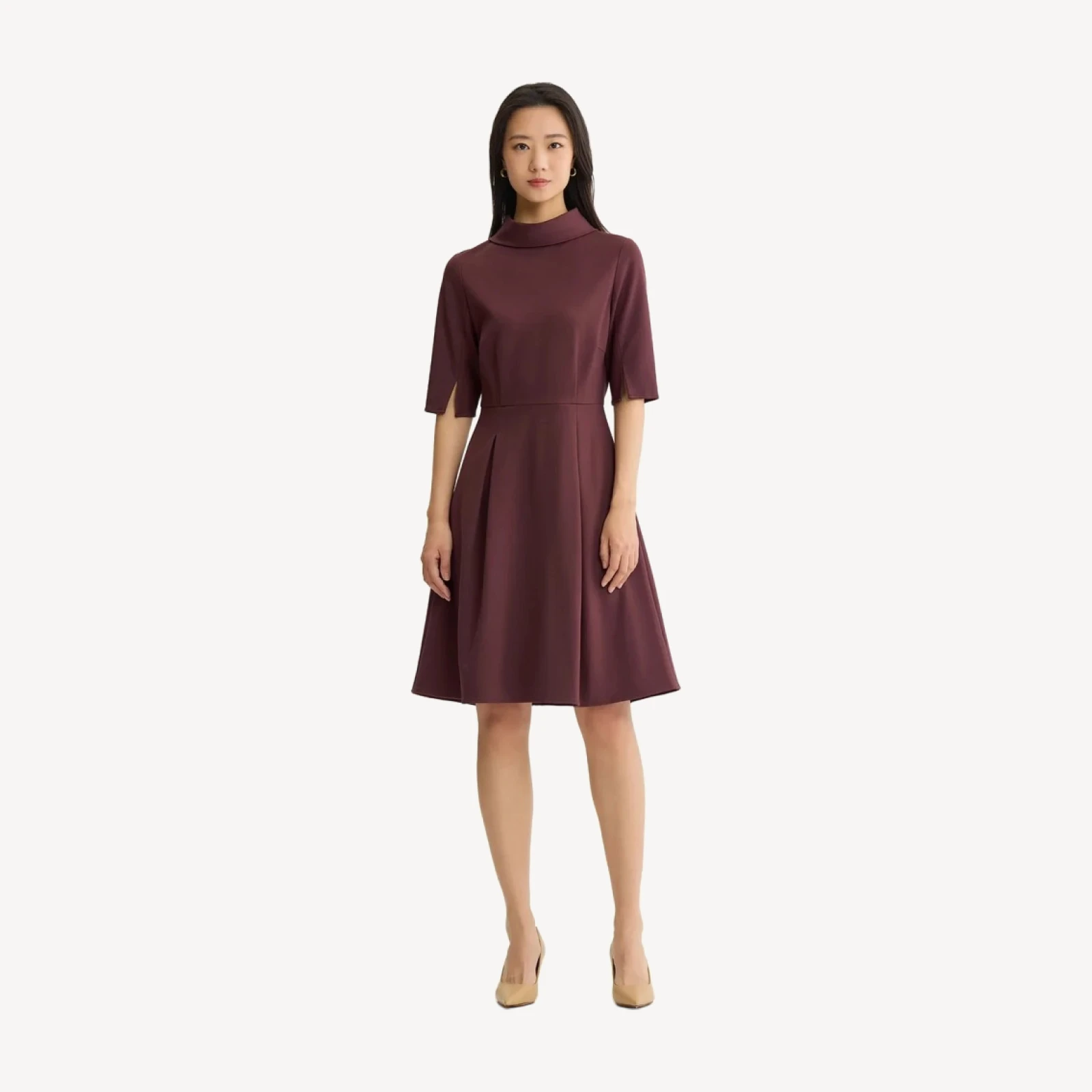 A-Line Pleated LuxeStretch Ponte Dress, Mahogany