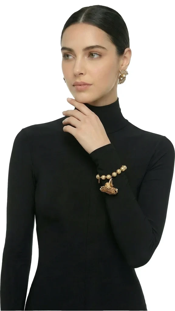 MIRIAM HASKELL BRASS/PEARL/STONE EARRING AND BRACELET SET