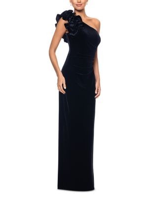 Aqua Velvet Ruffle One Shoulder Gown - Exclusive