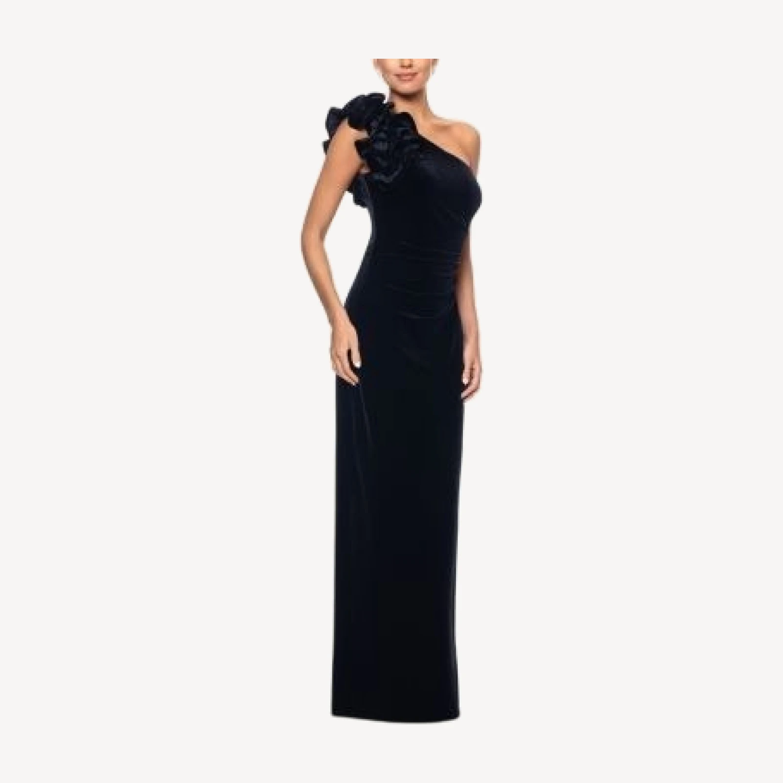 Aqua Velvet Ruffle One Shoulder Gown - Exclusive