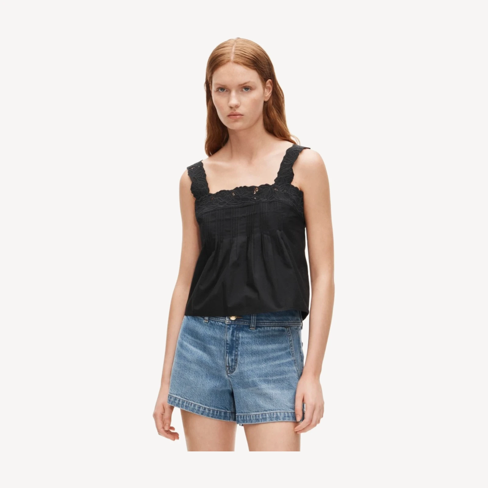 Lace-trim tank top in compact poplin