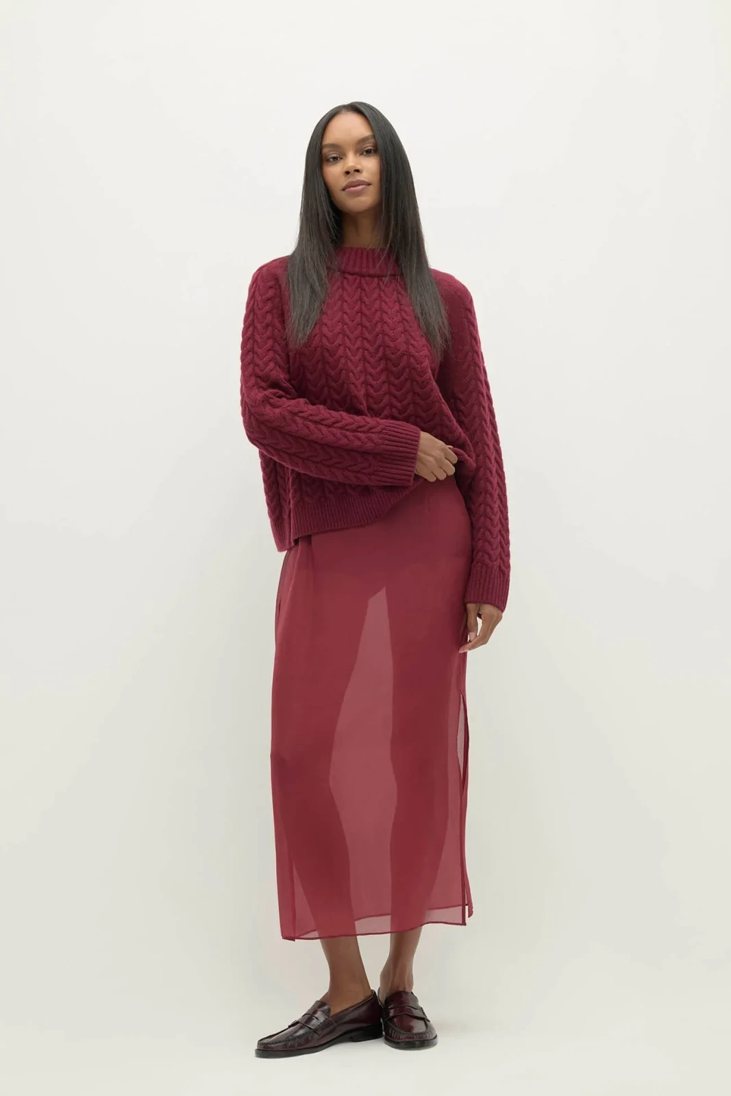 MARISSA SILK ORGANZA MIDI SKIRT - BORDEAUX