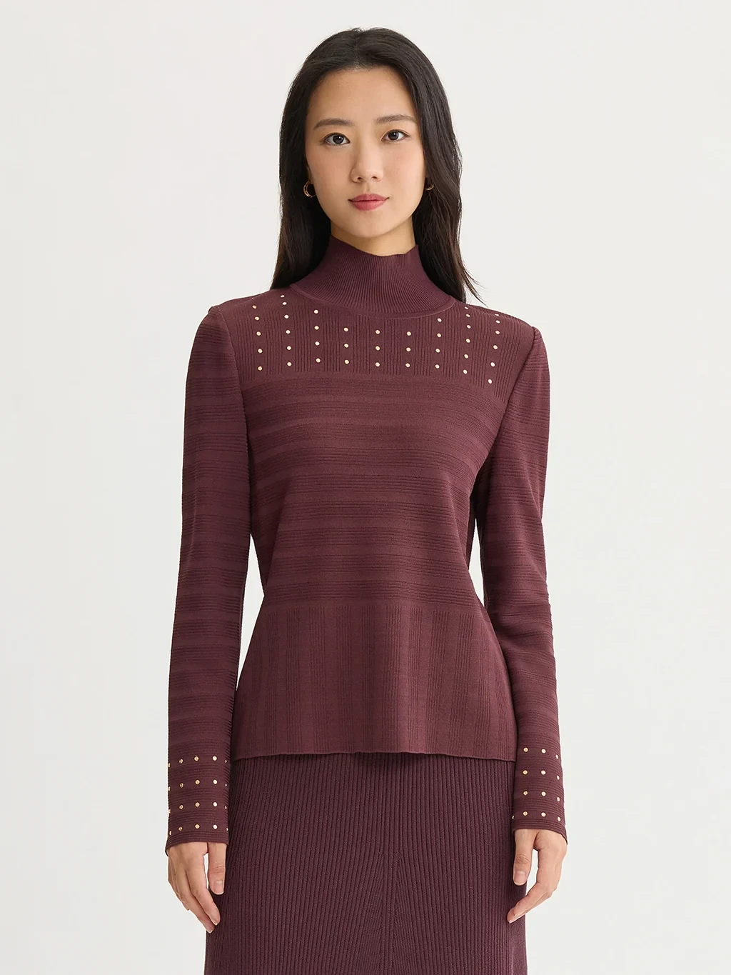 Studded Mock Neck Ribbed Knit Top