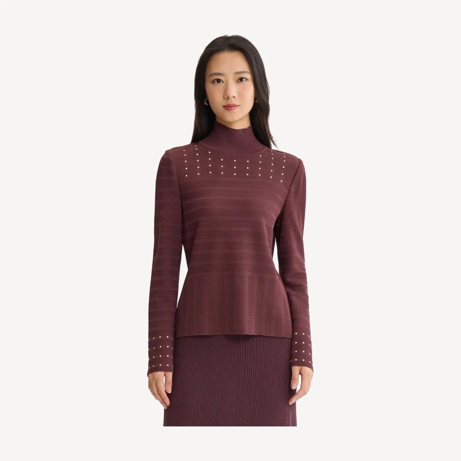 Studded Mock Neck Ribbed Knit Top