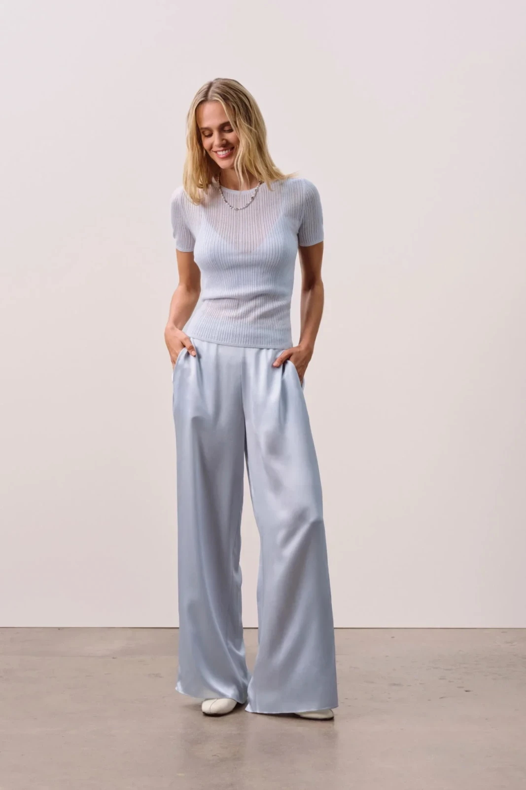 ETTA TRELLIS CASHMERE TEE - CLOUD