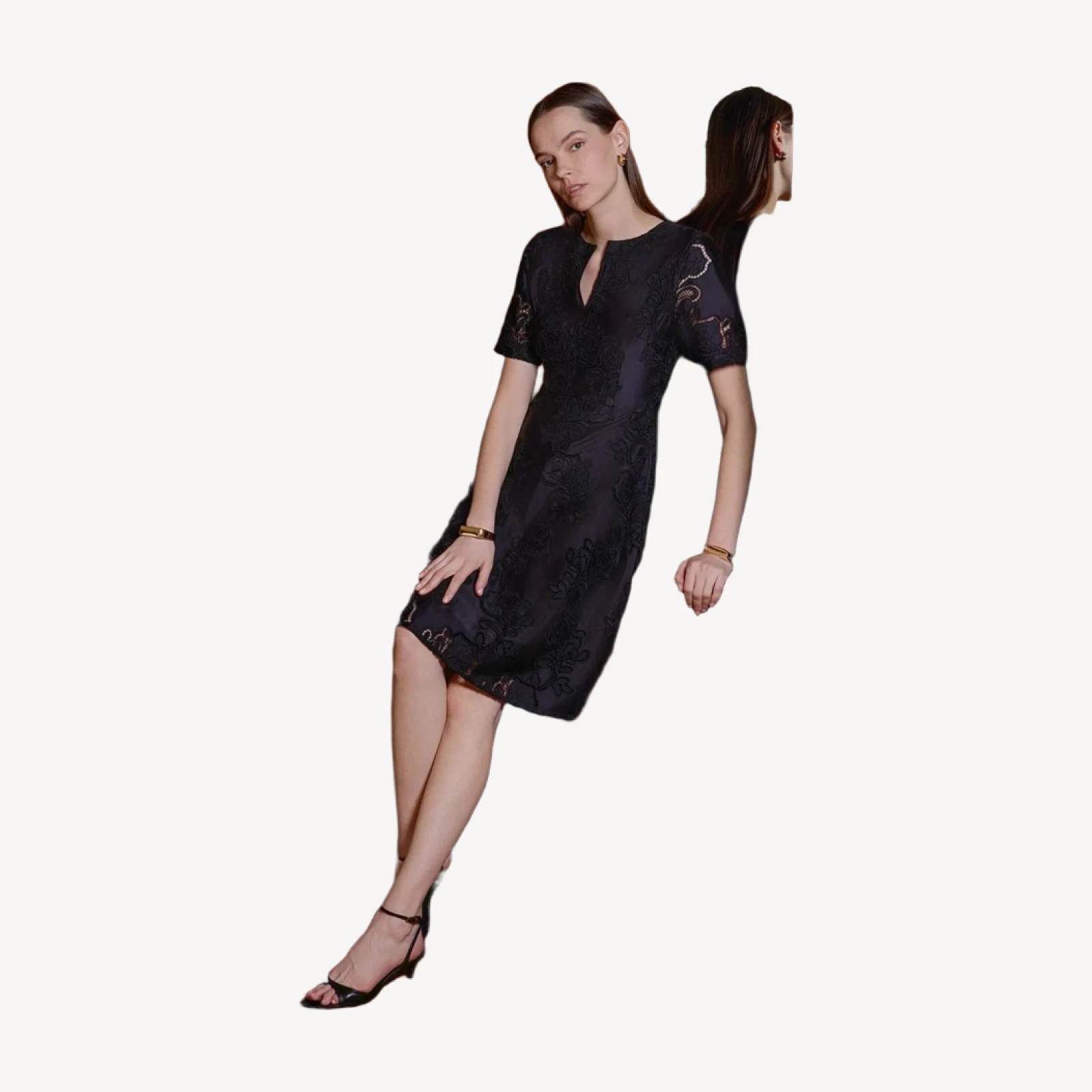 A-Line Floral Eyelet Crepe de Chine Dress