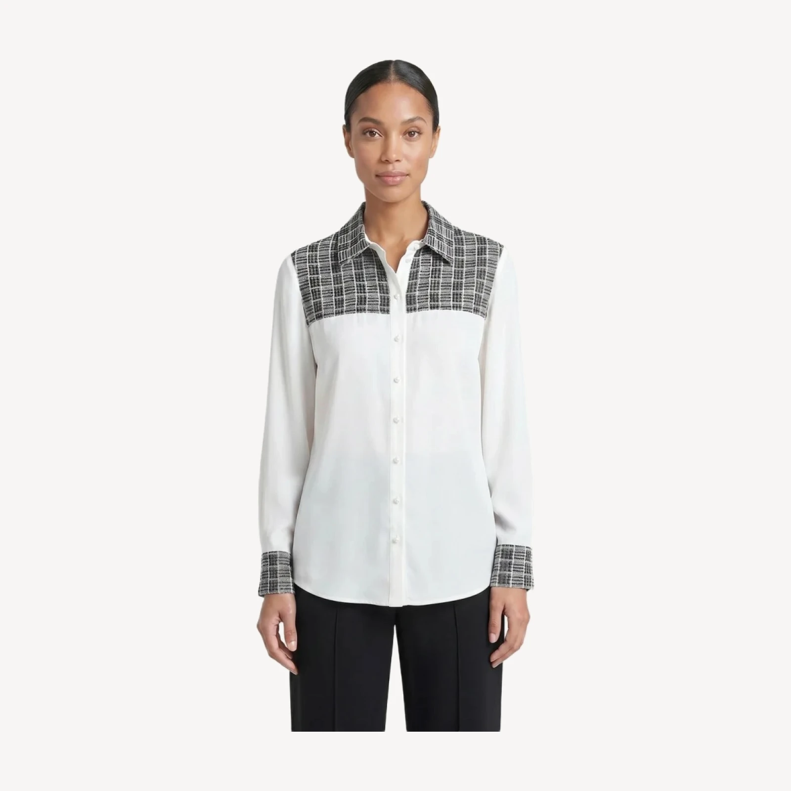 Mixed Media Plaid Crepe de Chine Blouse