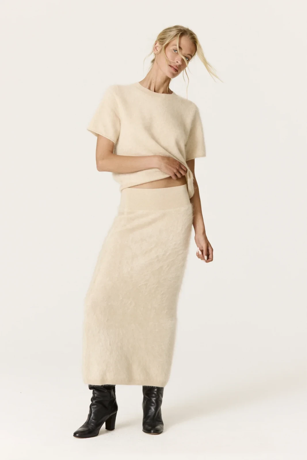 FRANCESCA CASHMERE MIDI SKIRT - BARLEY
