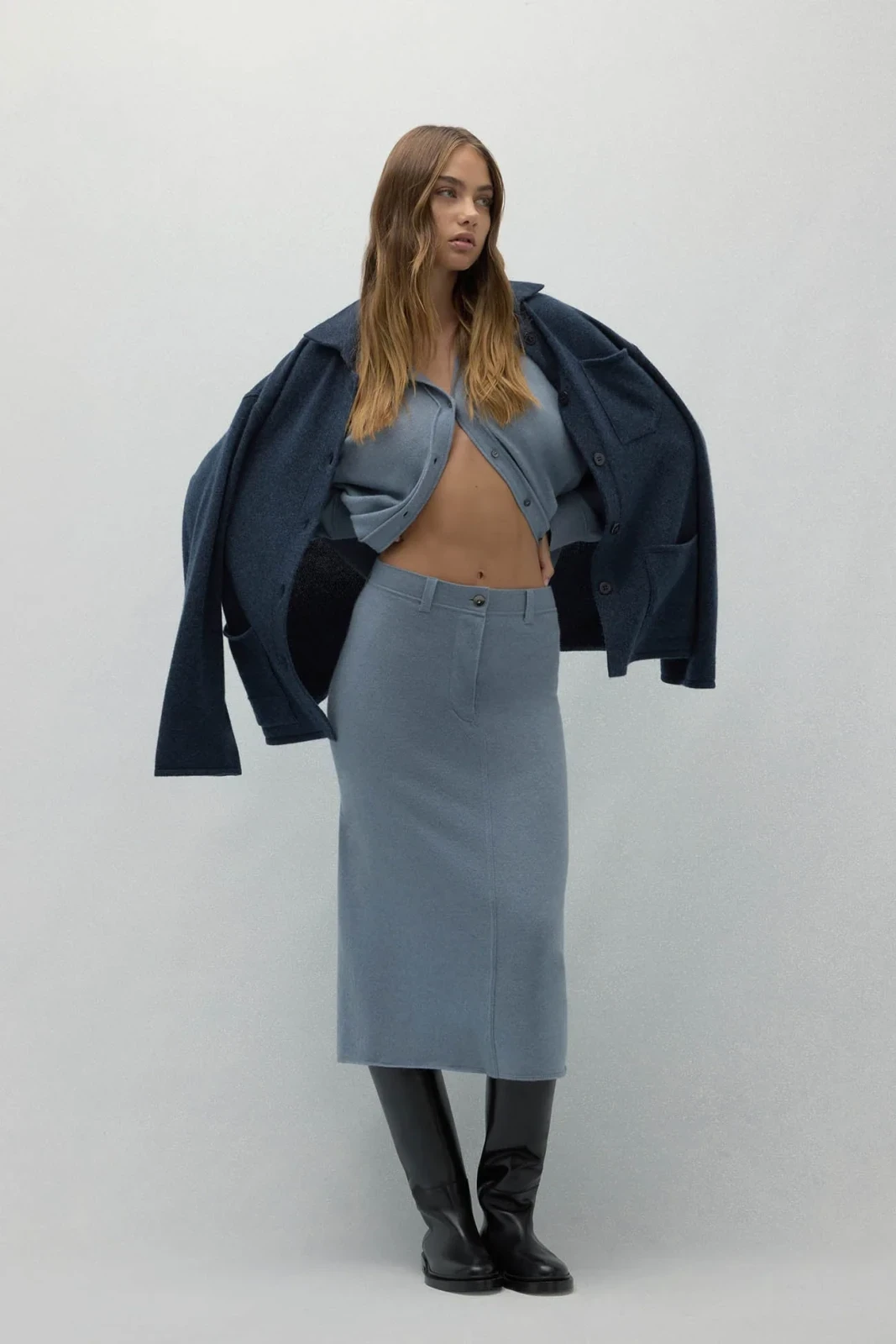 VENICE DENIM CASHMERE MIDI SKIRT - STONEWASH