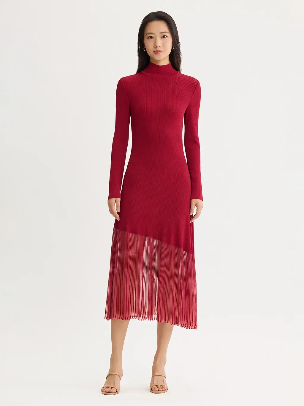 A-Line Sheer Hem Ribbed Knit Maxi Dress