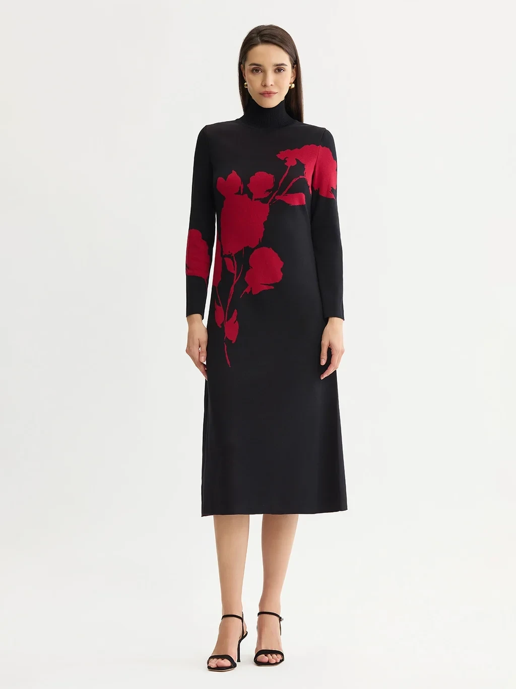 Red Floral Jacquard Soft Knit Maxi Dress