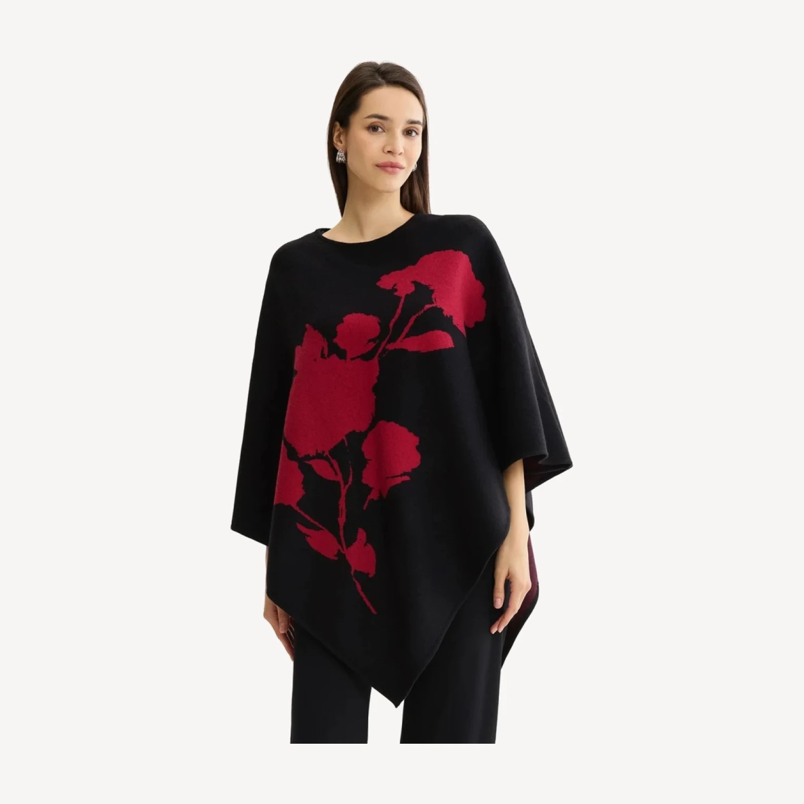 Red Floral Jacquard Cozy Knit Poncho