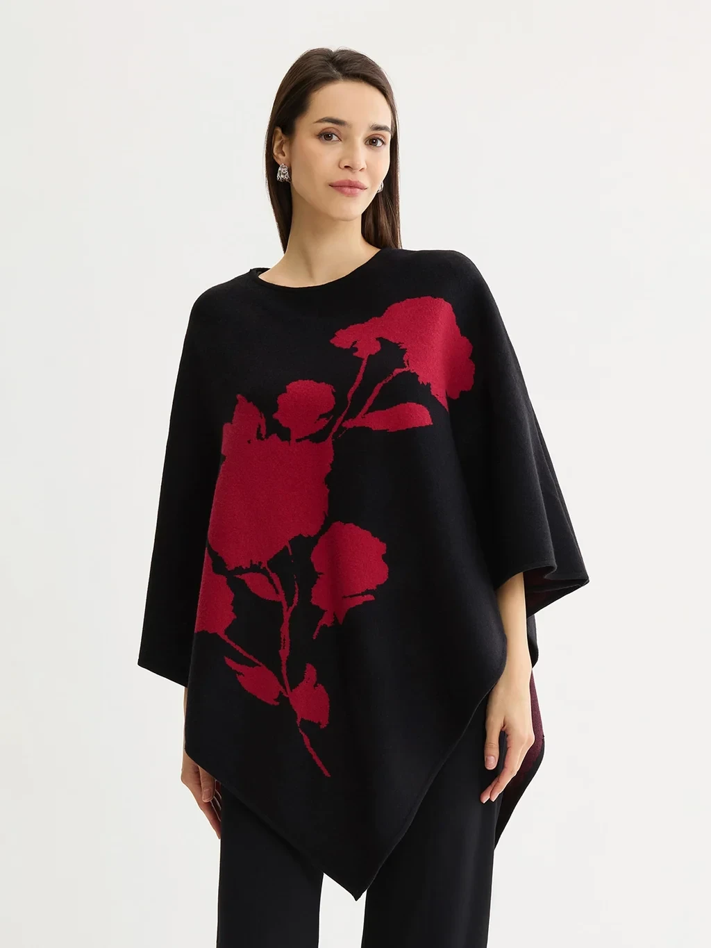 Red Floral Jacquard Cozy Knit Poncho