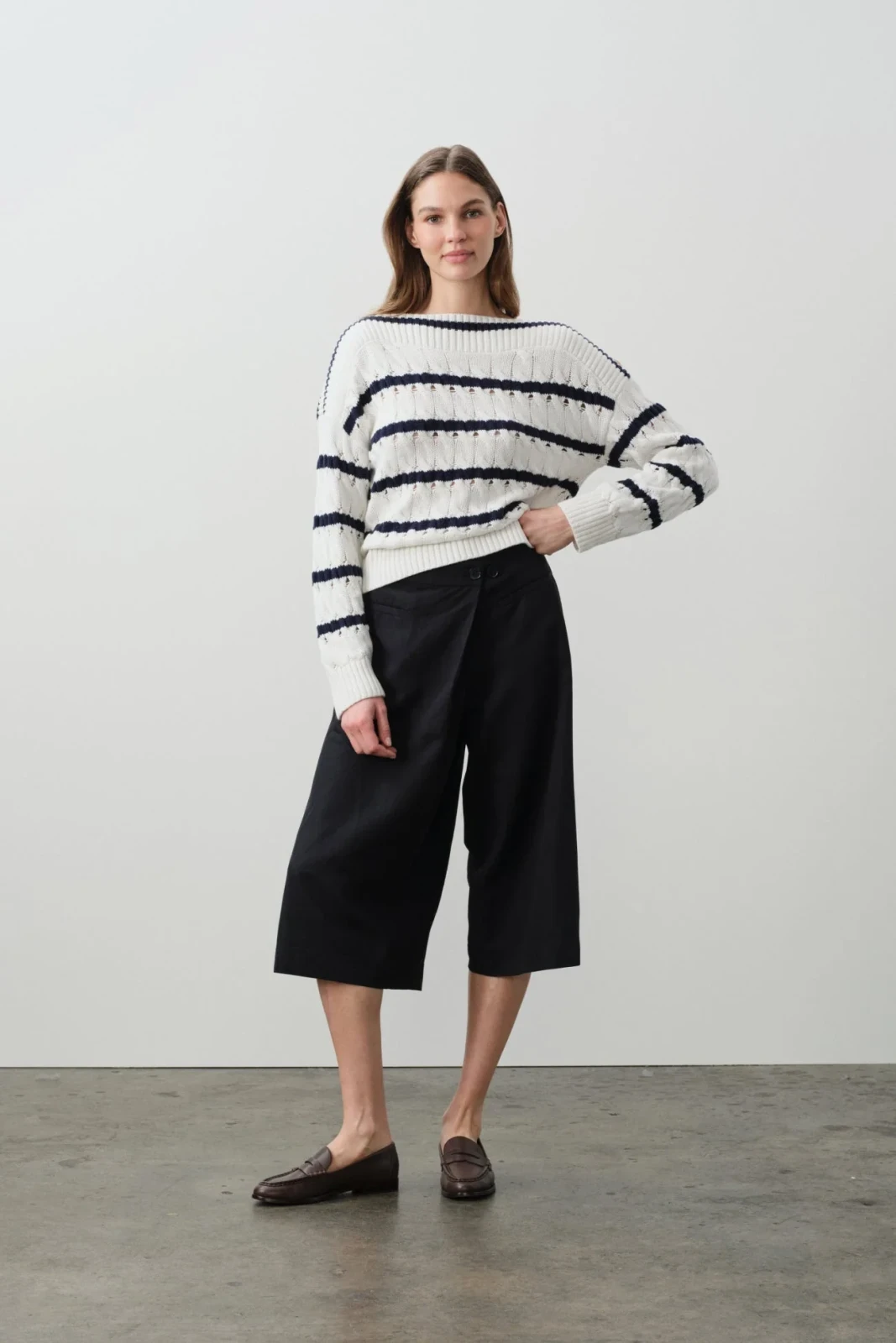 PAULA STRIPED OFF THE SHOULDER SWEATER - WHITE/BLUE