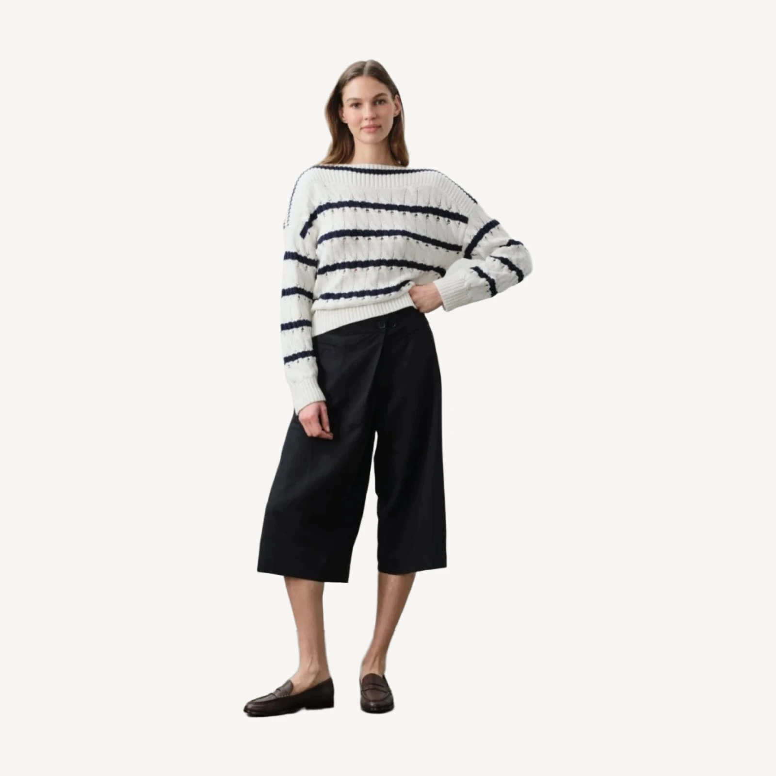 PAULA STRIPED OFF THE SHOULDER SWEATER - WHITE/BLUE