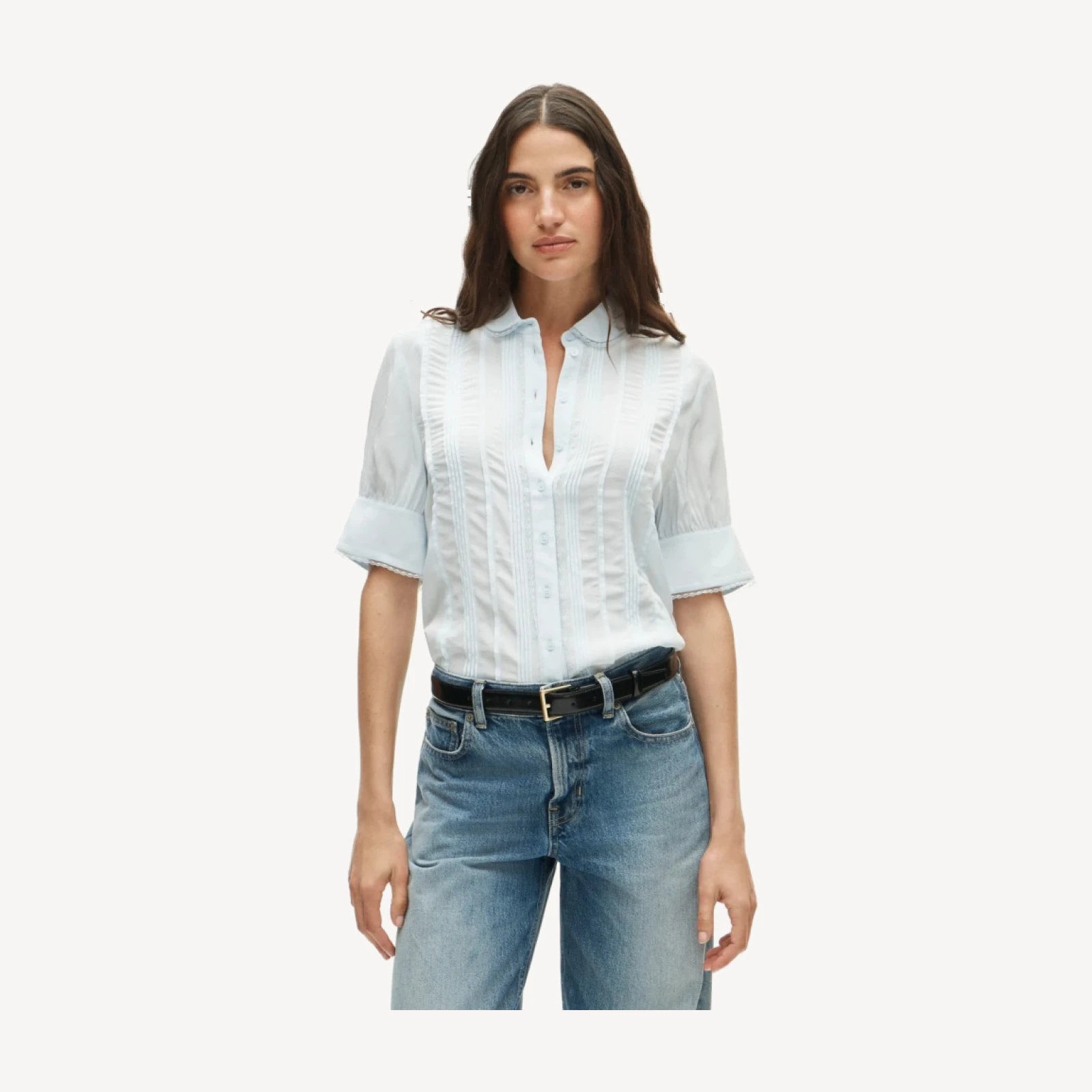 Lace-trim button-up top in crepe de chine