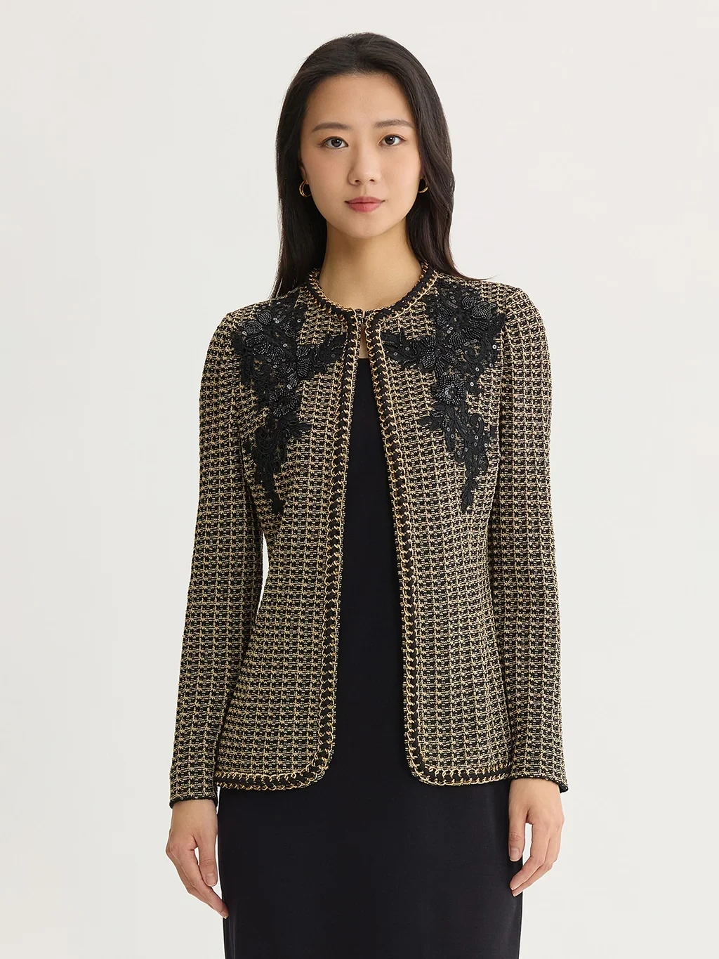Tailored Lace Applique Lurex Tweed Knit Jacket