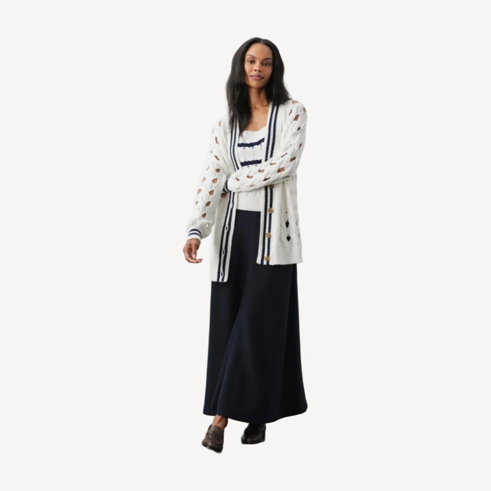 MIRRA OVERSIZED CABLE KNIT CARDIGAN - WHITE/BLUE