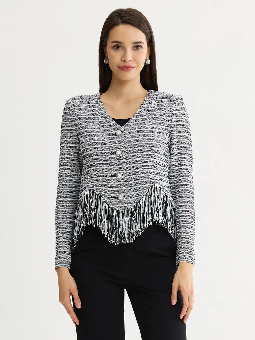 Heritage Chevron Fringe Trim Tweed Knit Jacket